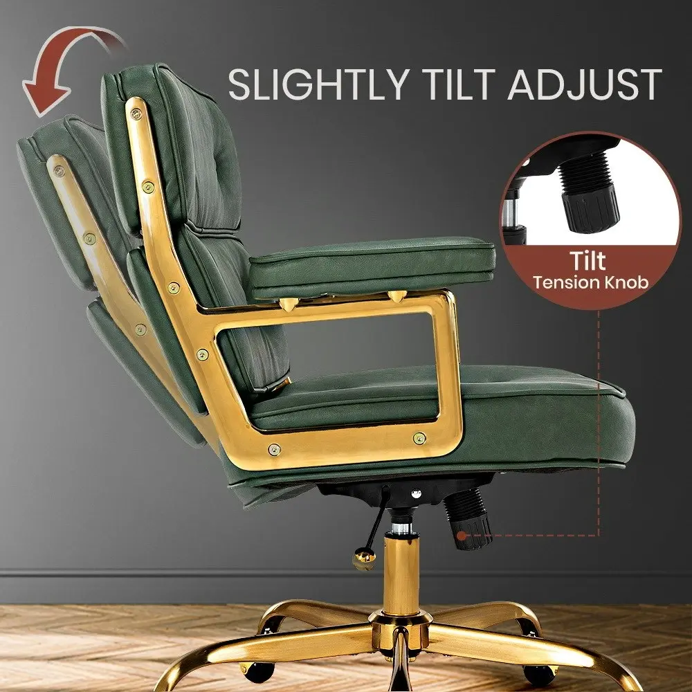 Furb Executive Lobby Office Chair Mid-Back PU Leather Thick Pad Gold Green