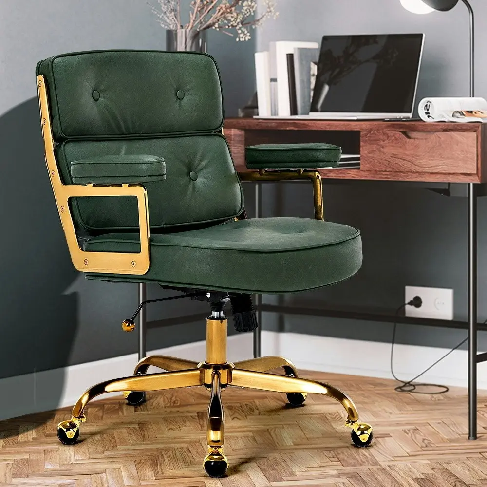 Furb Executive Lobby Office Chair Mid-Back PU Leather Thick Pad Gold Green