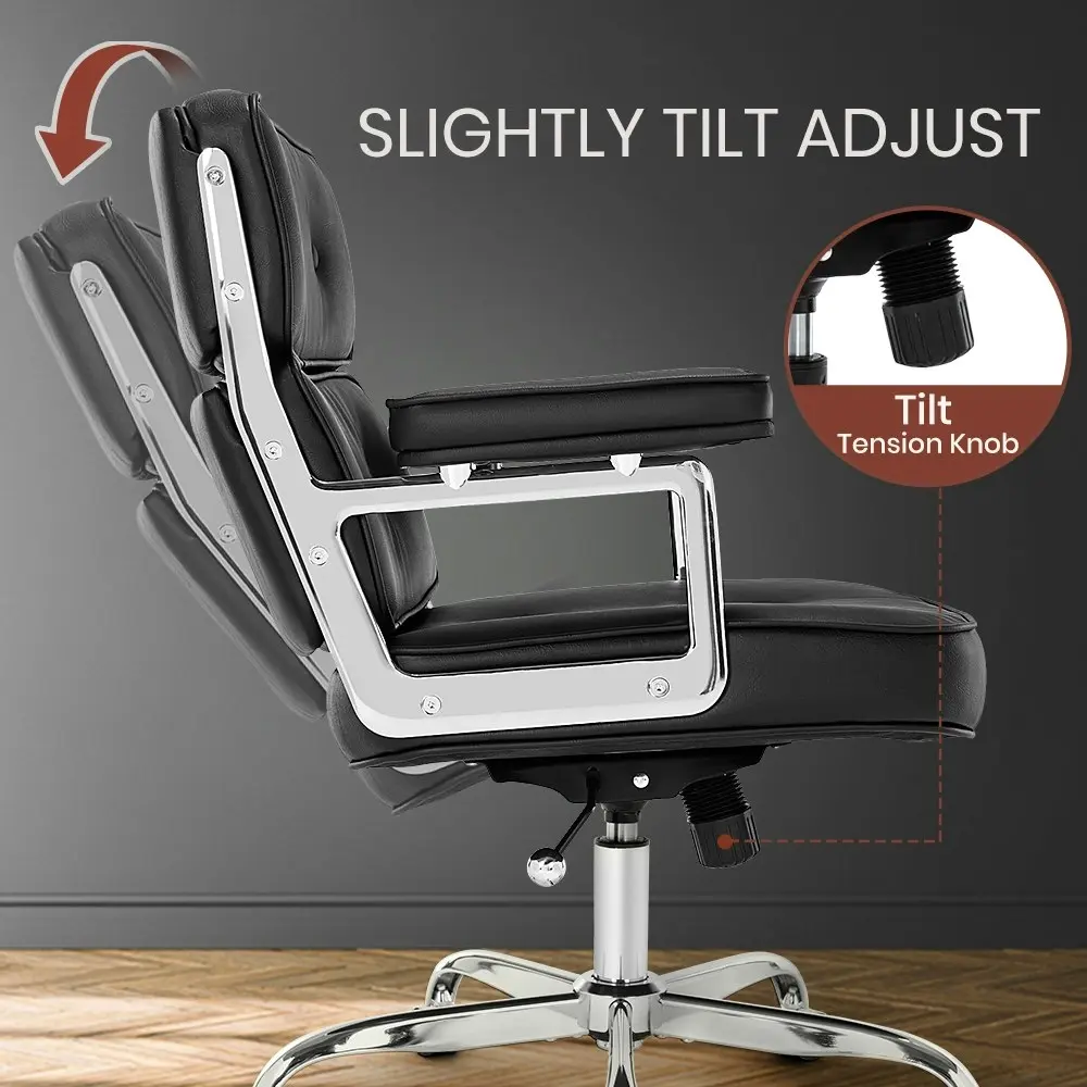 Furb Executive Lobby Office Chair Mid-Back PU Leather Thick Pad Silver Black