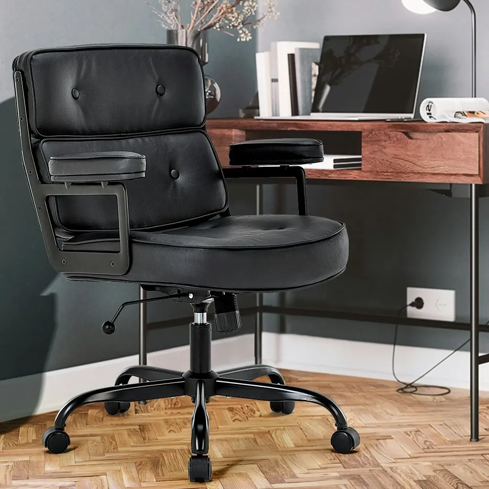 Furb Executive Lobby Office Chair Mid-Back PU Leather Thick Pad Black