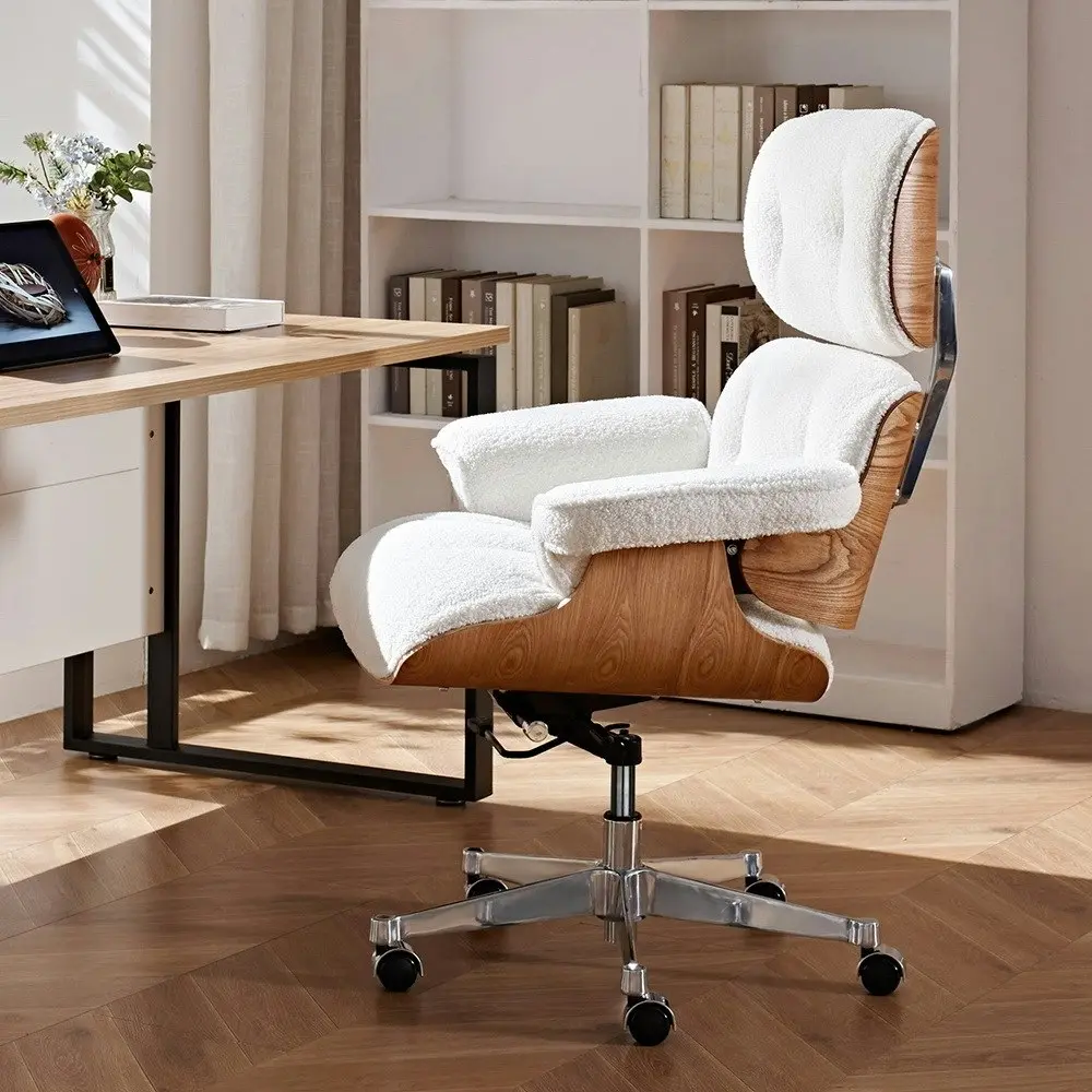 Furb Executive Office Chair Sherpa Fabric Thick Pad Armrest Seat White