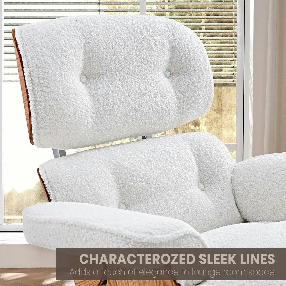 Furb Executive Lounge Chair Sherpa Fabric Classic Armchair Ottoman White