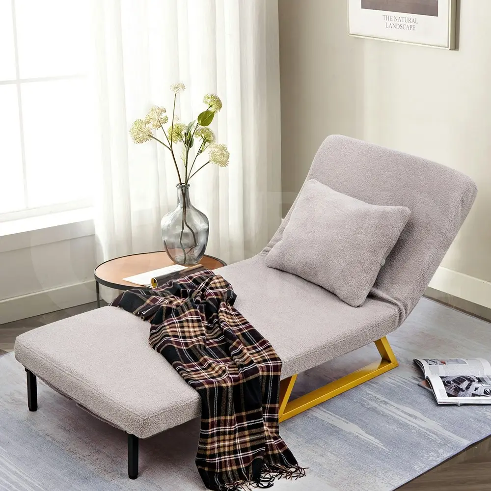 Furb Sofa Bed Lounge Chair Sherpa Fabric Folding Recliner Steel Leg Single Grey