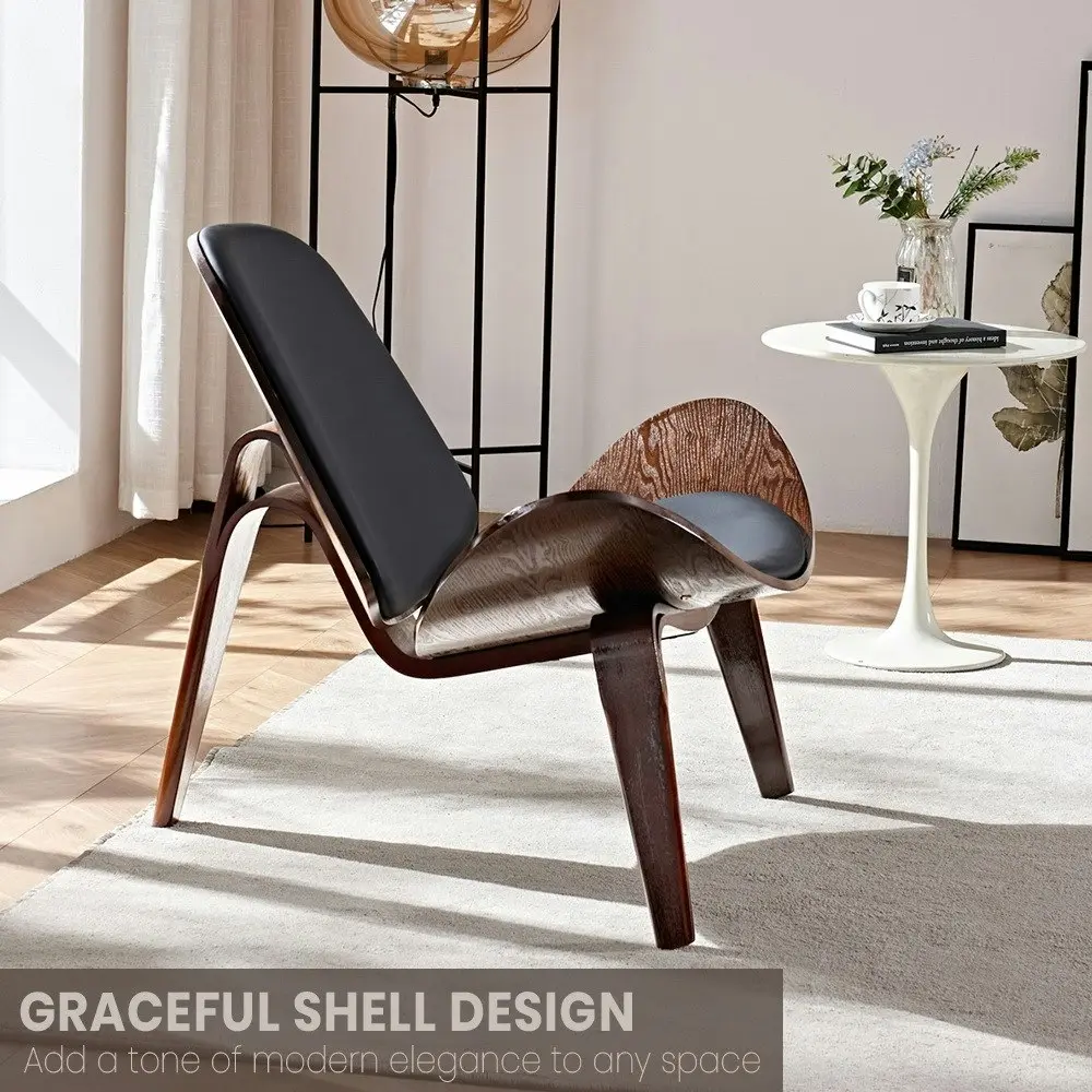 Furb Shell Chair Ash Plywood PU Leather Accent Chair Living Room Black