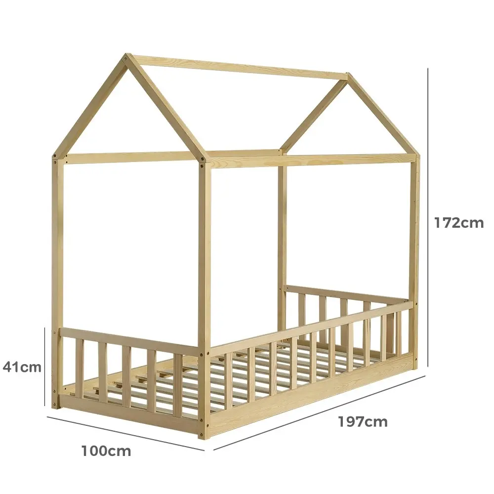 Furb Kids Bed Frame Wooden Solid Pine Wood Bed Base Security Rail Single Oak