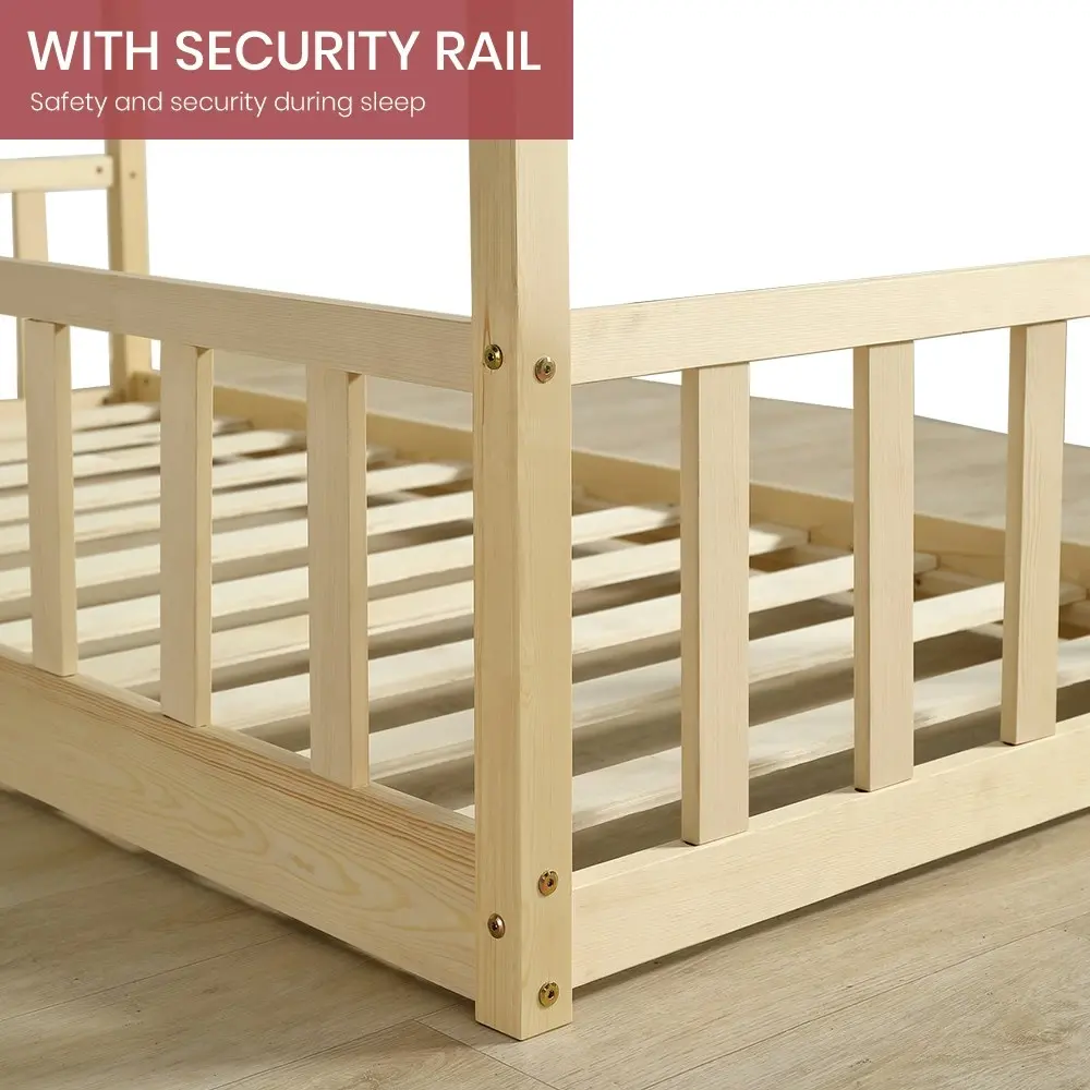 Furb Kids Bed Frame Wooden Solid Pine Wood Bed Base Security Rail Single Oak