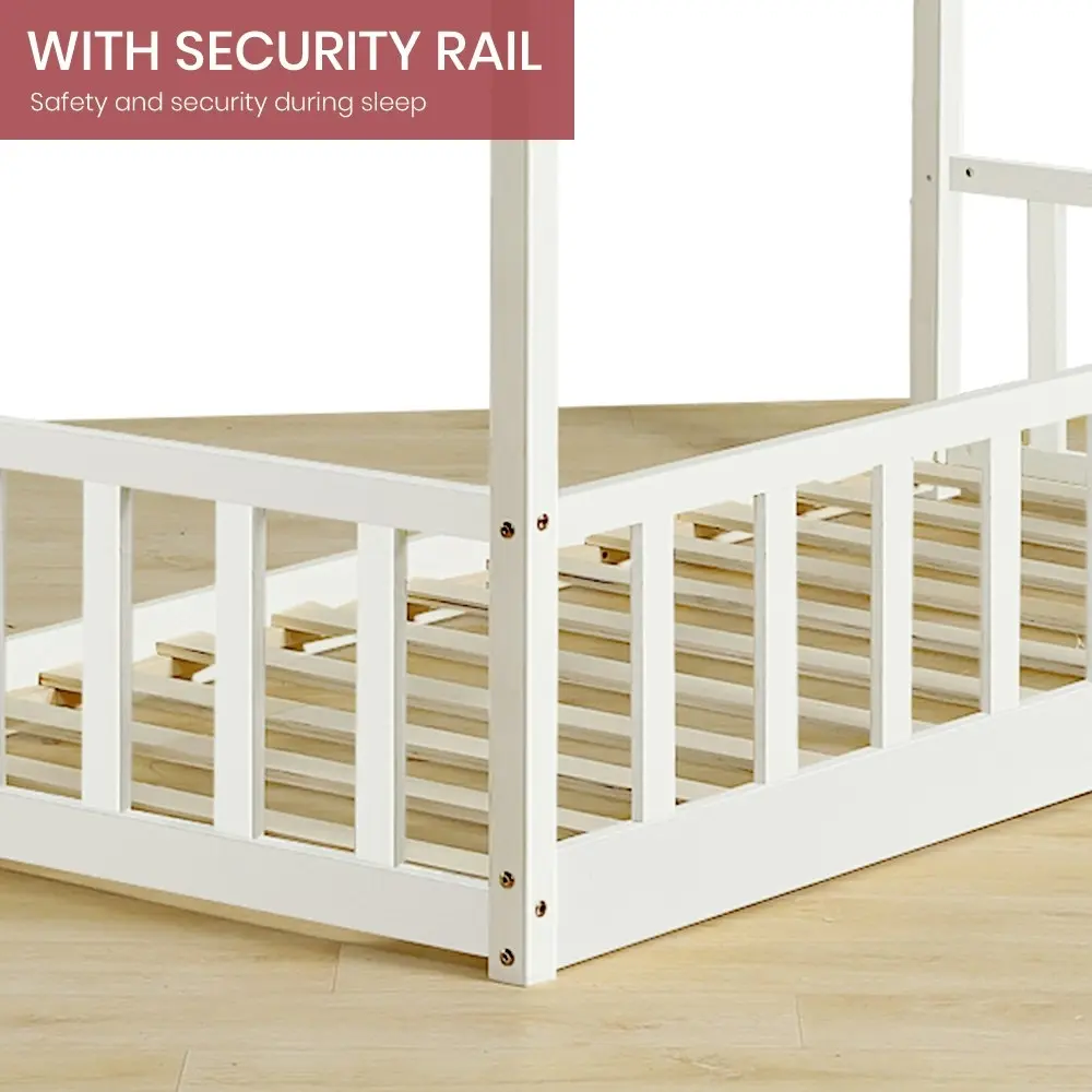 Furb Kids Bed Frame Wooden Solid Pine Wood Bed Base Security Rail Single White