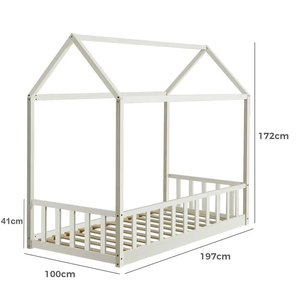 Furb Kids Bed Frame Wooden Solid Pine Wood Bed Base Security Rail Single White