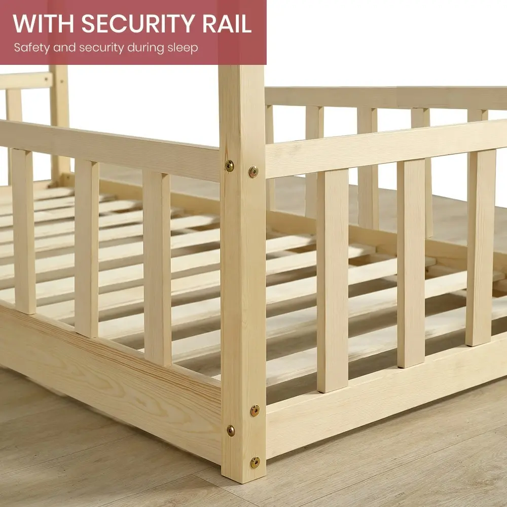 Furb Bed Frame Kids Wooden Solid Pine Wood Bed Base Security Rail Single Oak