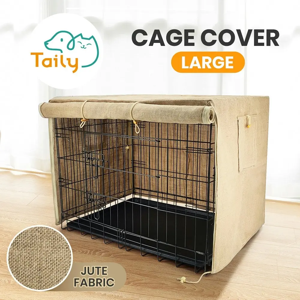 Taily 42" Dog Cage Cover Jute Cloth Crate Covers Breathable Sleep Helper Beige L