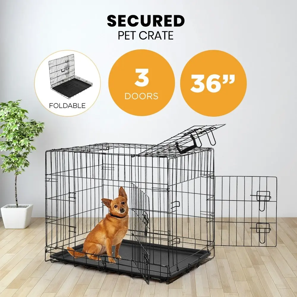 Taily 36" Dog Cage Collapsible 3 Door Metal Pet Crate with Jute Cover and Tray M