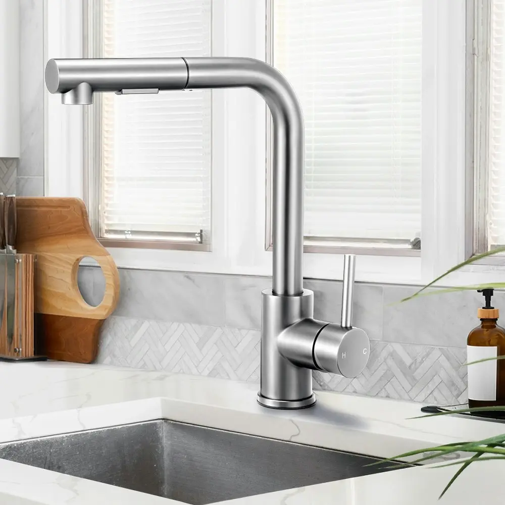 Simplus Kitchen Tap Pull Out Mixer Taps Sink Basin Faucet Swivel Brushed Nickel