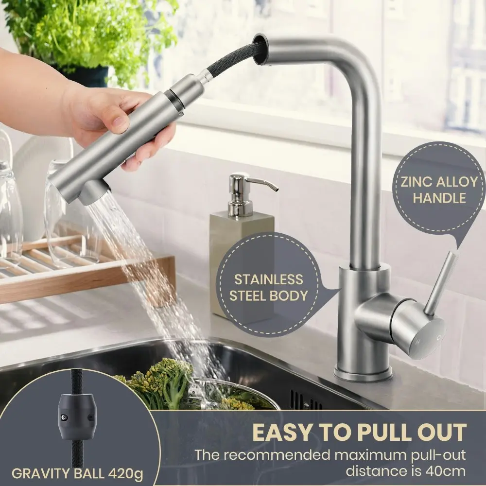 Simplus Kitchen Tap Pull Out Mixer Taps Sink Basin Faucet Swivel Brushed Nickel