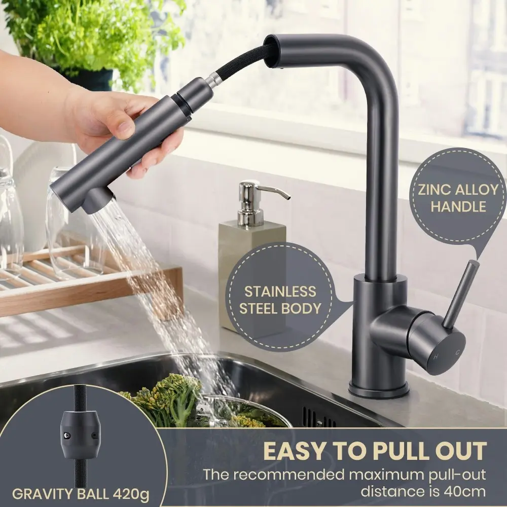 Simplus Kitchen Tap Pull Out Mixer Taps Sink Basin Faucet Laundry Swivel Grey