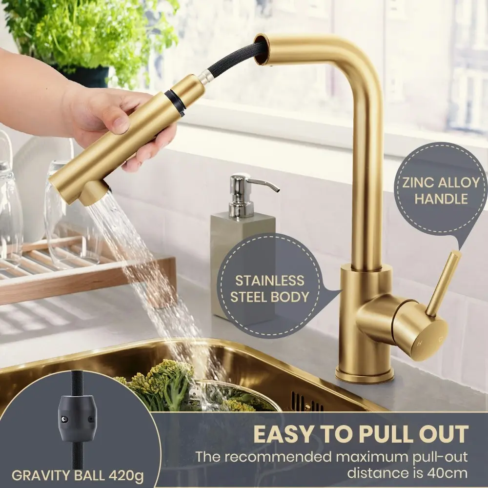 Simplus Kitchen Tap Pull Out Mixer Taps Sink Basin Faucet Swivel Brushed Gold