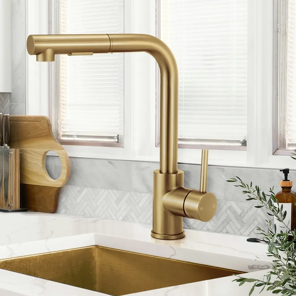 Simplus Kitchen Tap Pull Out Mixer Taps Sink Basin Faucet Swivel Brushed Gold