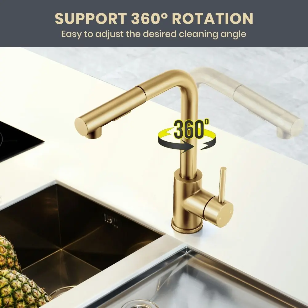 Simplus Kitchen Tap Pull Out Mixer Taps Sink Basin Faucet Swivel Brushed Gold