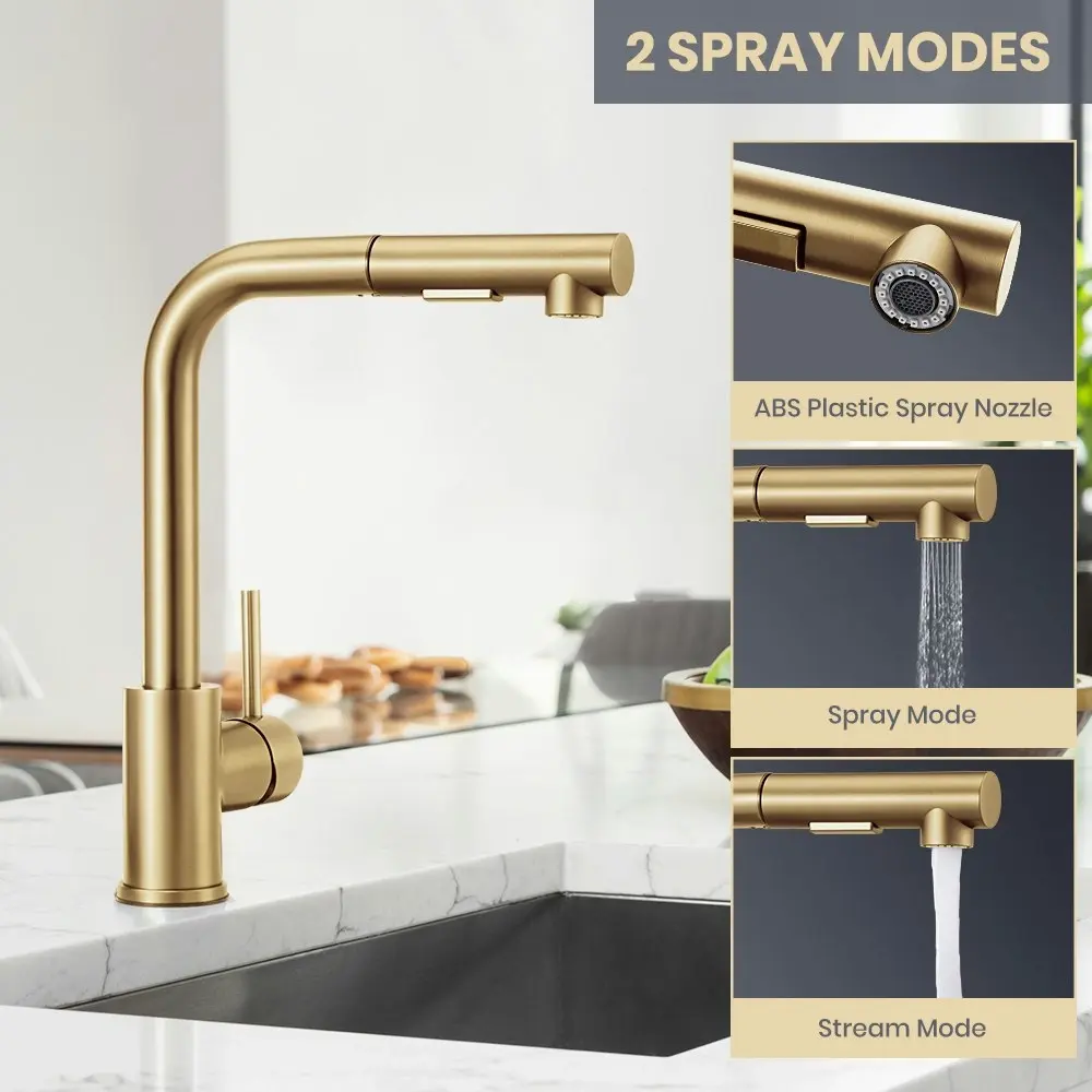 Simplus Kitchen Tap Pull Out Mixer Taps Sink Basin Faucet Swivel Brushed Gold