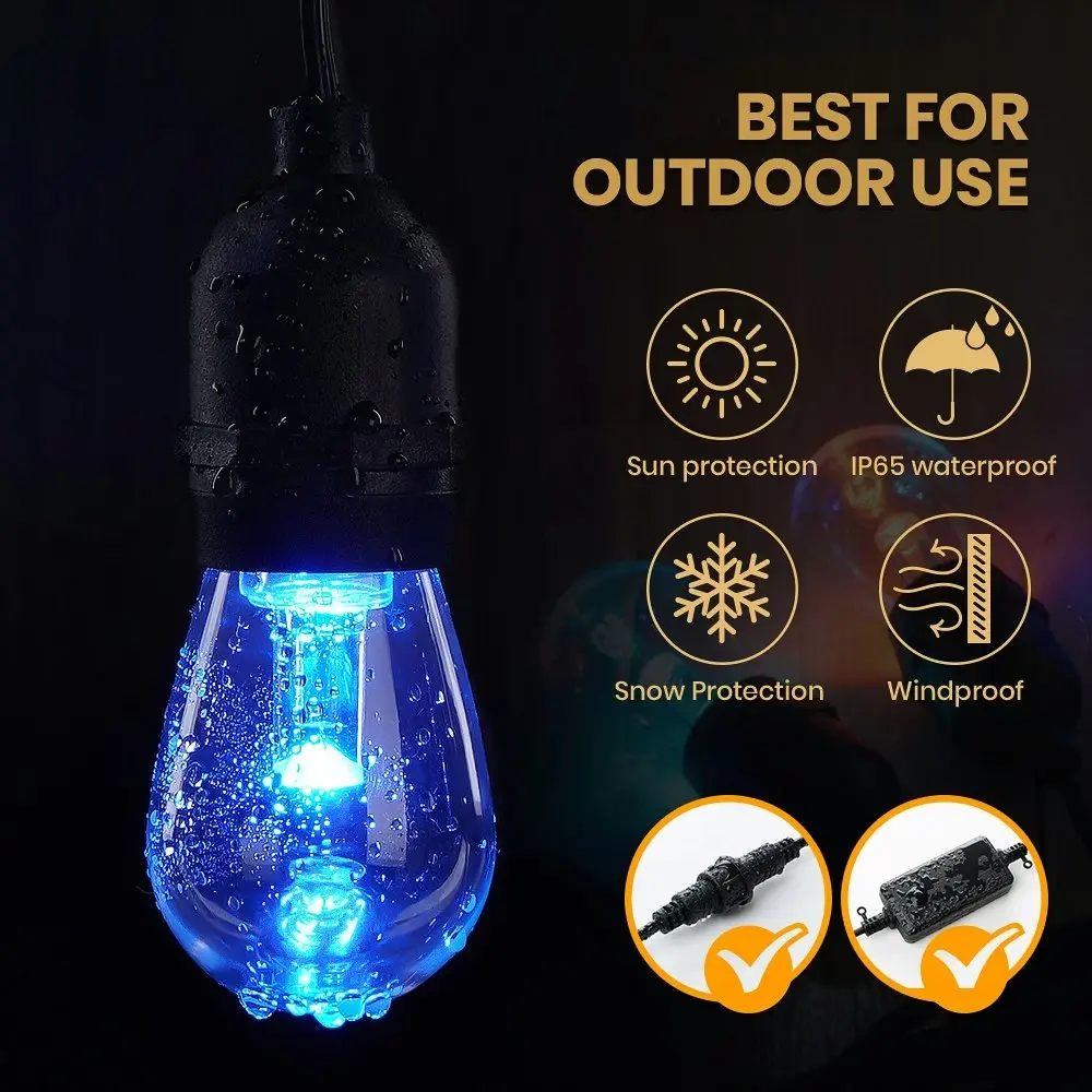 Groverdi 65FT Outdoor String Lights Smart RGB LED Festoon Light Patio Waterproof