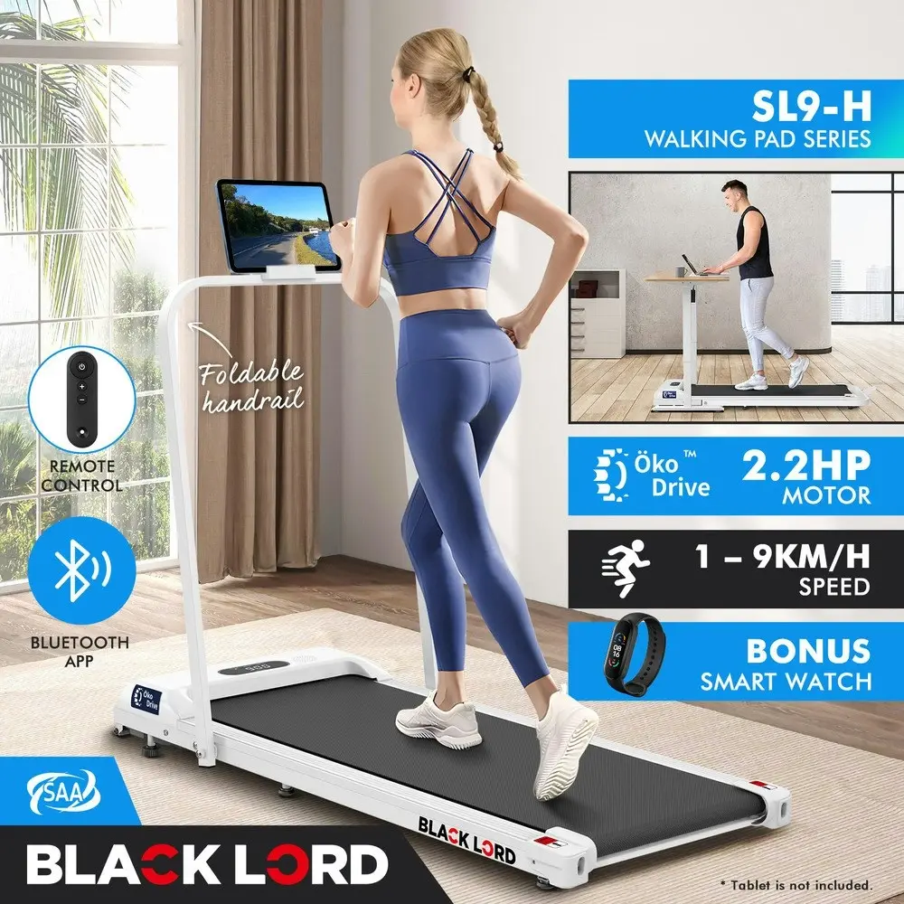 Black Lord Treadmill Electric Walking Pad Home Fitness Foldable White w/ Smart Watch