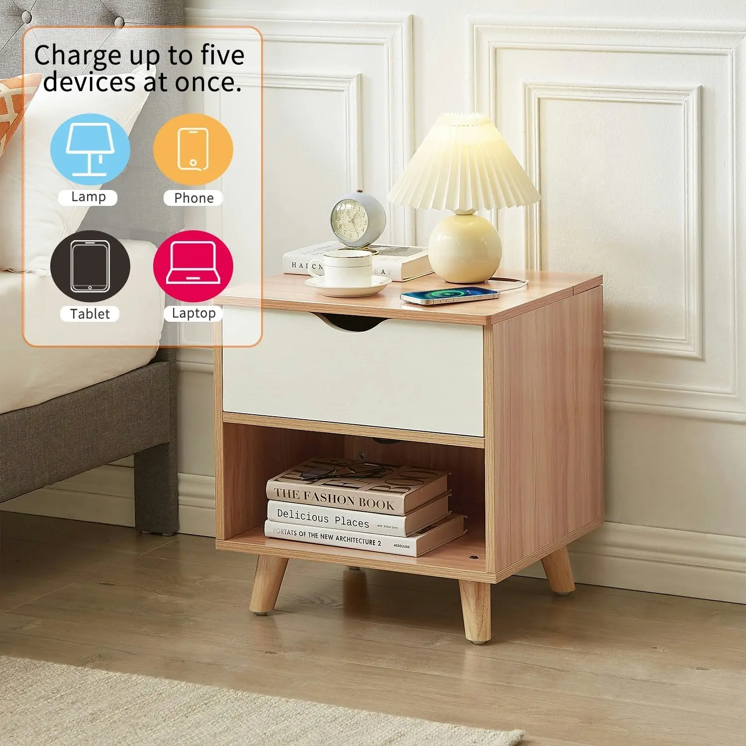 Casadiso Bedside Table with Charging Station Smart Side Table with Integrated Power Board & USB Ports (Furud)