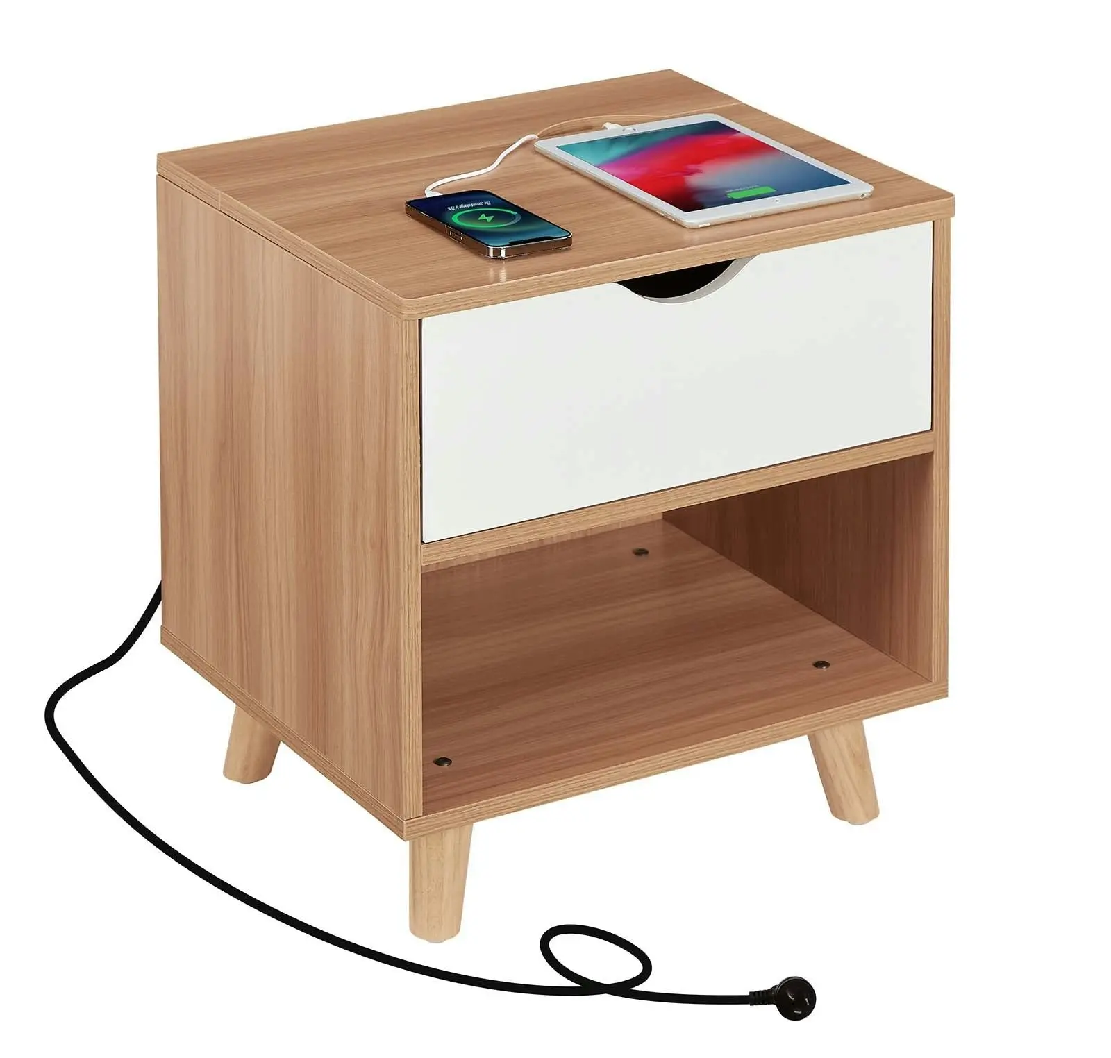 Casadiso Bedside Table with Charging Station Smart Side Table with Integrated Power Board & USB Ports (Furud)