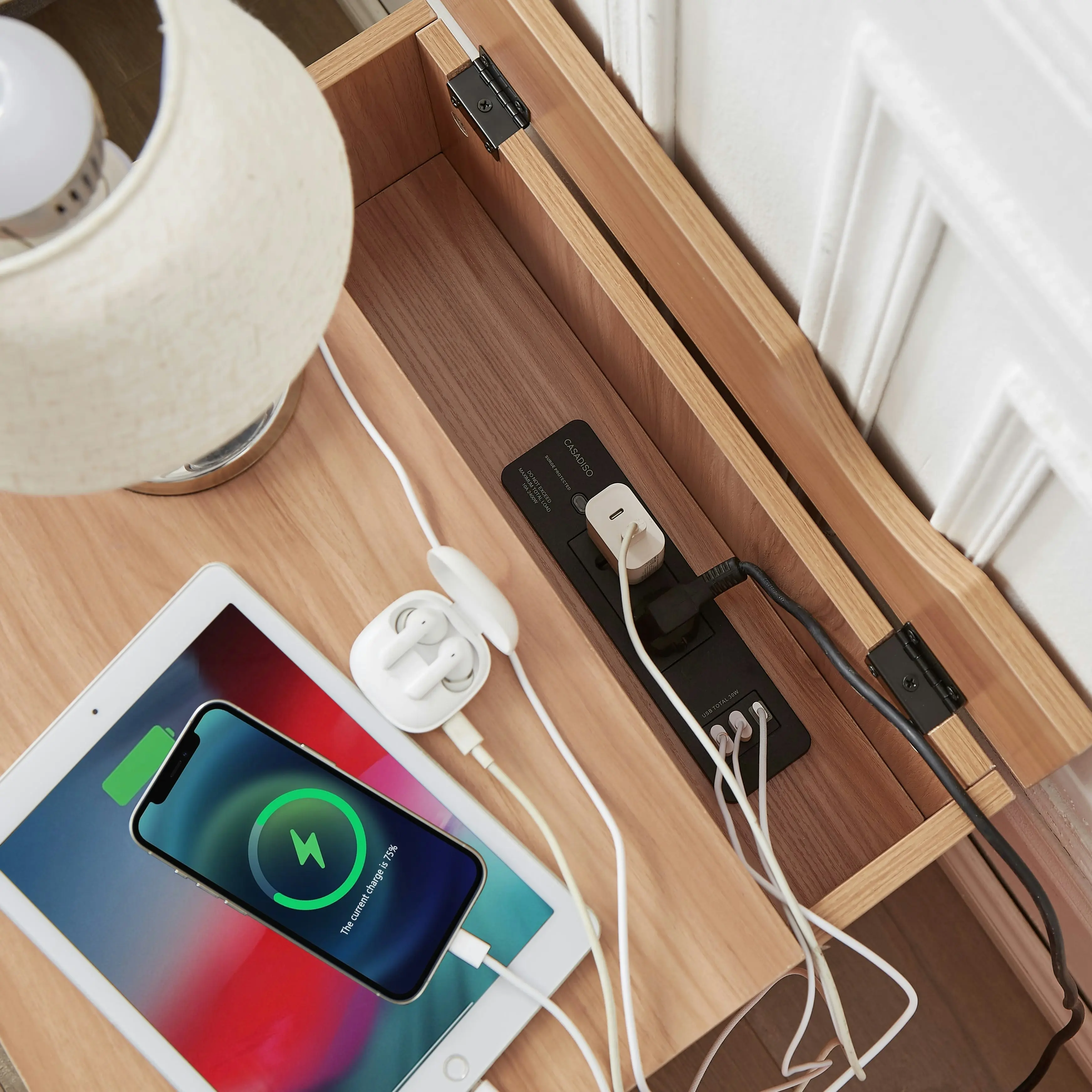 Casadiso Bedside Table with Charging Station Smart Side Table with Integrated Power Board & USB Ports (Furud)