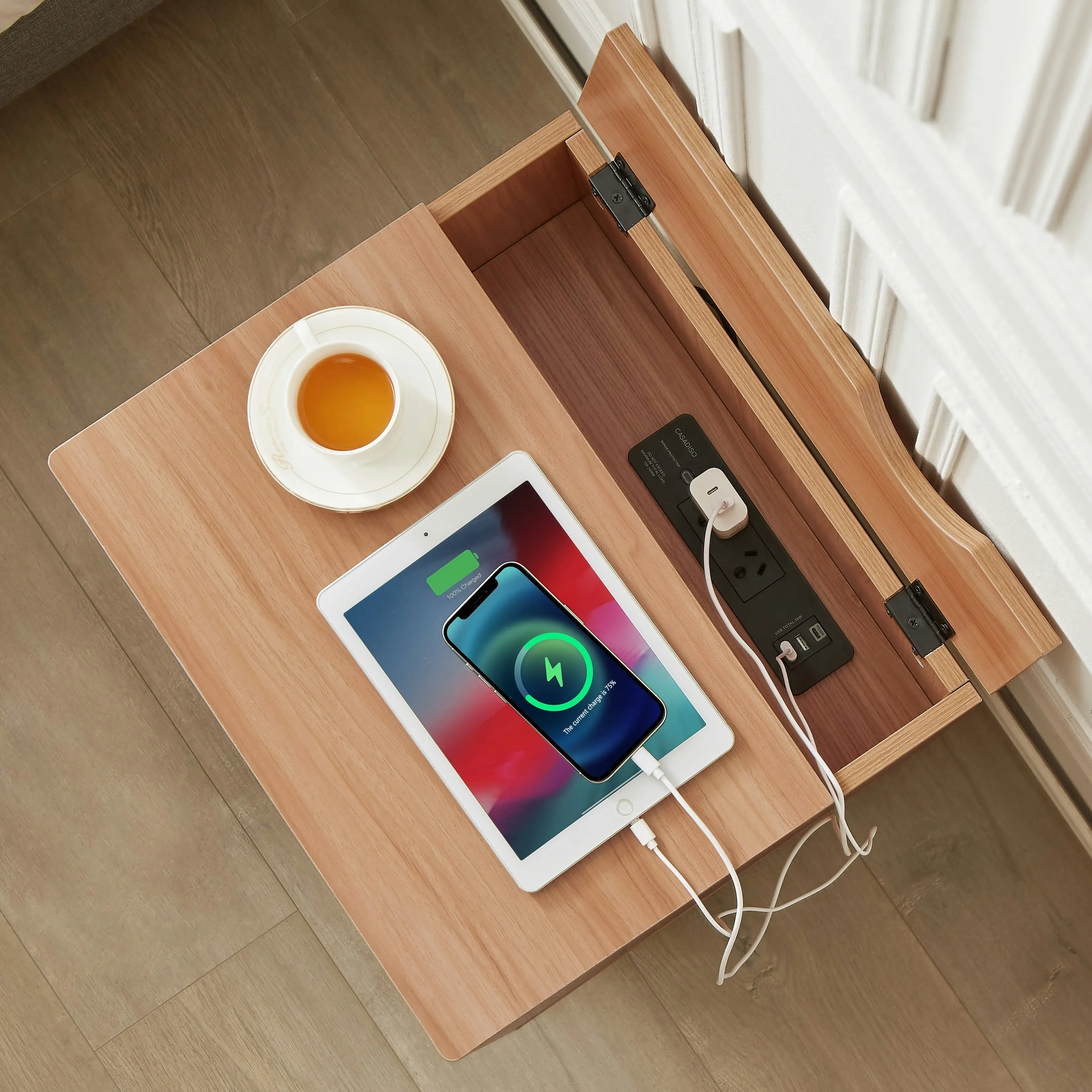 Casadiso Bedside Table with Charging Station Smart Side Table with Integrated Power Board & USB Ports (Furud)