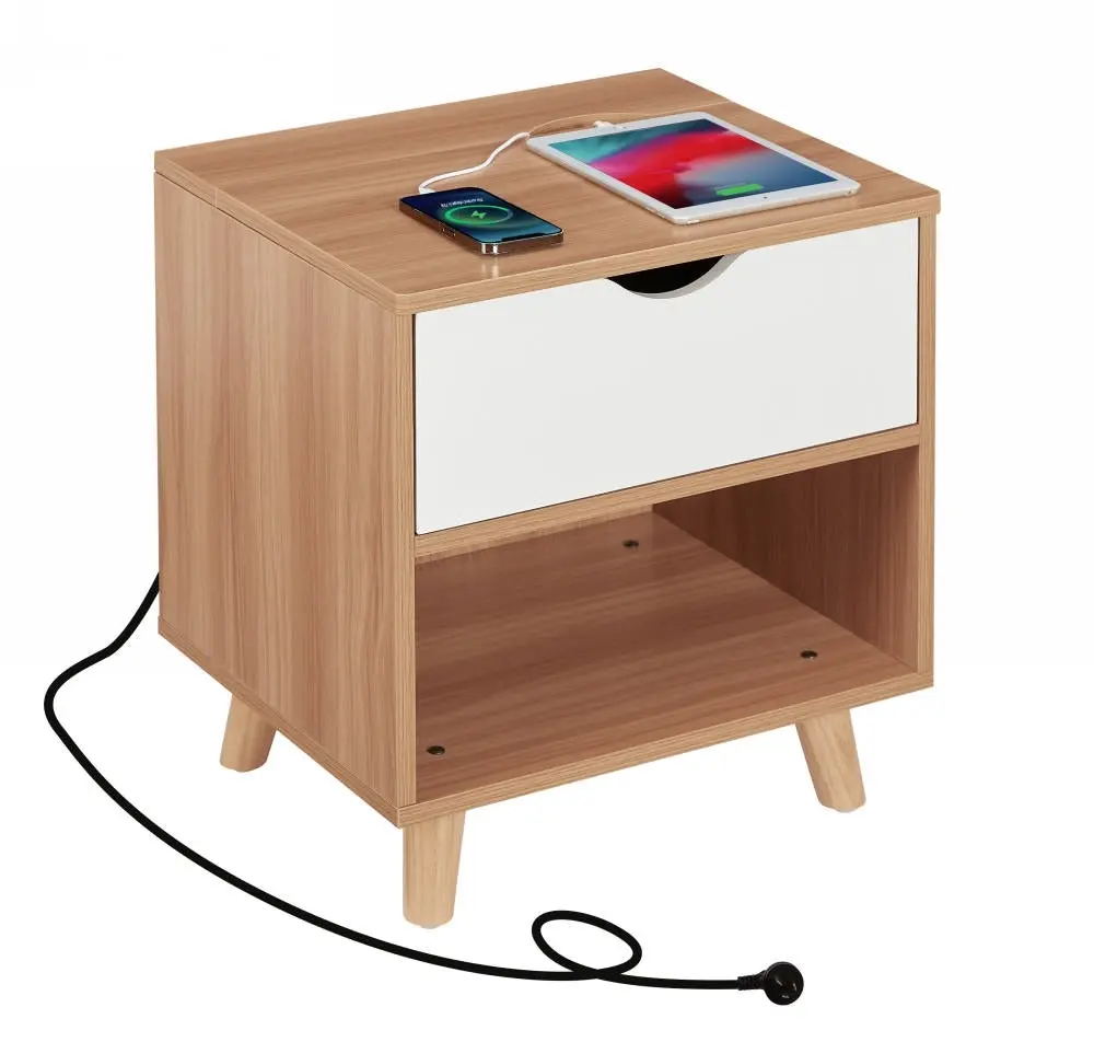 Casadiso Bedside Table with Charging Station Smart Side Table with Integrated Power Board & USB Ports (Furud)