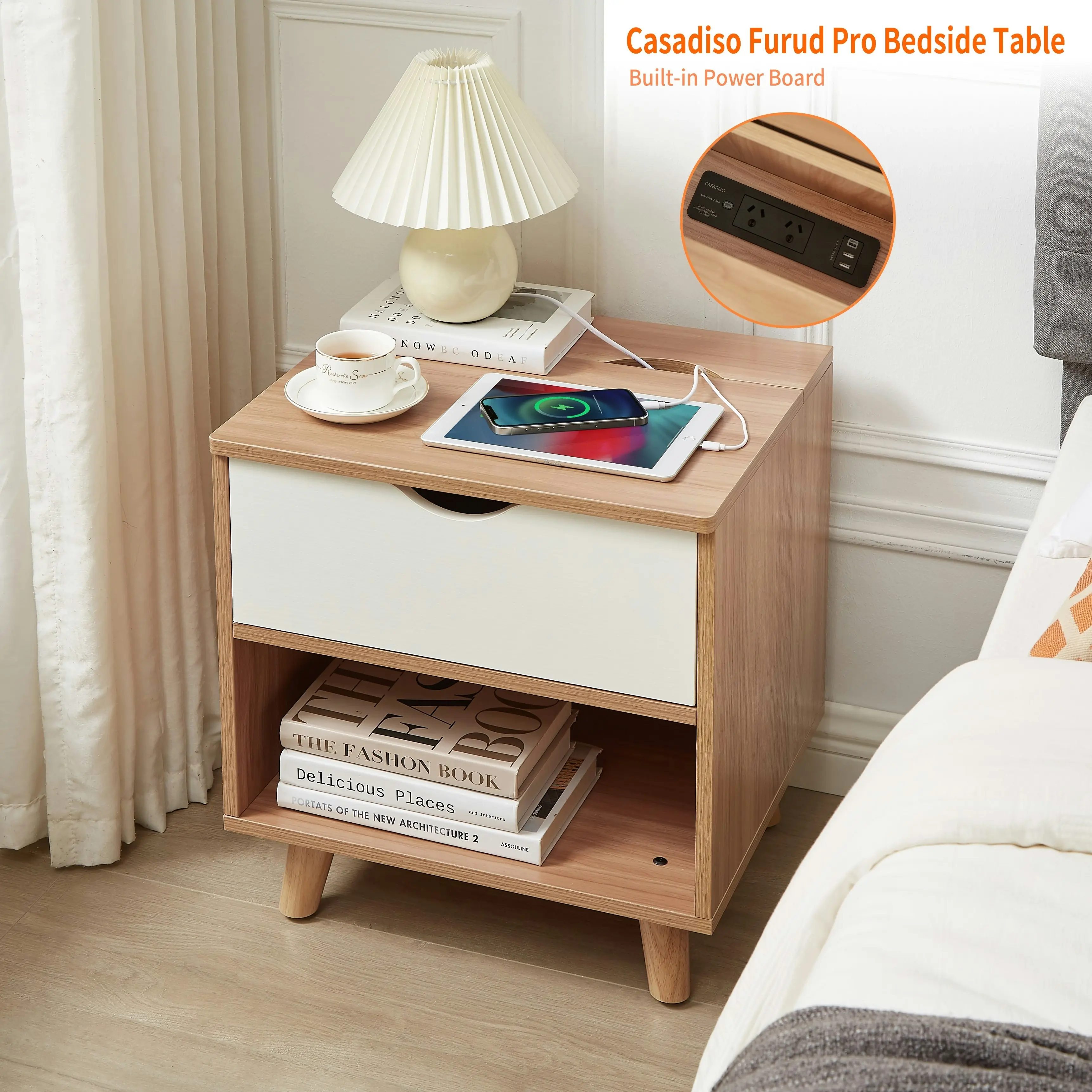 Casadiso Bedside Table with Charging Station Smart Side Table with Integrated Power Board & USB Ports (Furud)