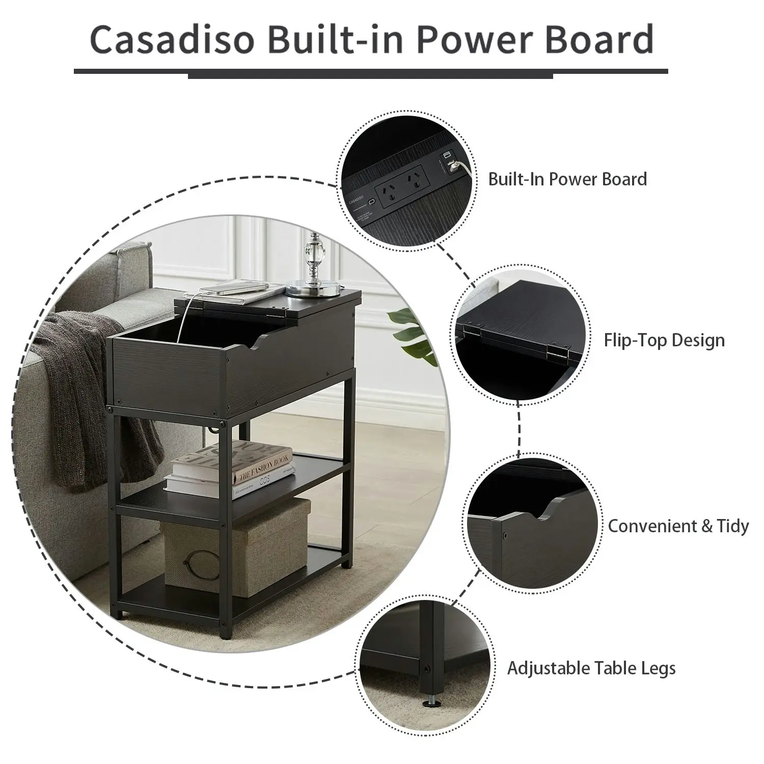 Casadiso 3-Tier Sofa Side Table with Charging Station Narrow Coffee Table with Drawer Black USB Power Board (Saiph)