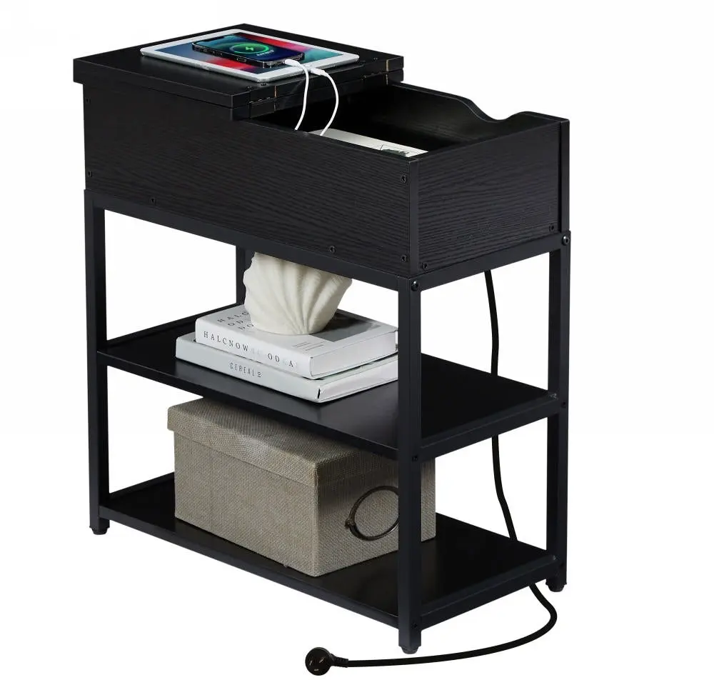 Casadiso 3-Tier Sofa Side Table with Charging Station Narrow Coffee Table with Drawer Black USB Power Board (Saiph)