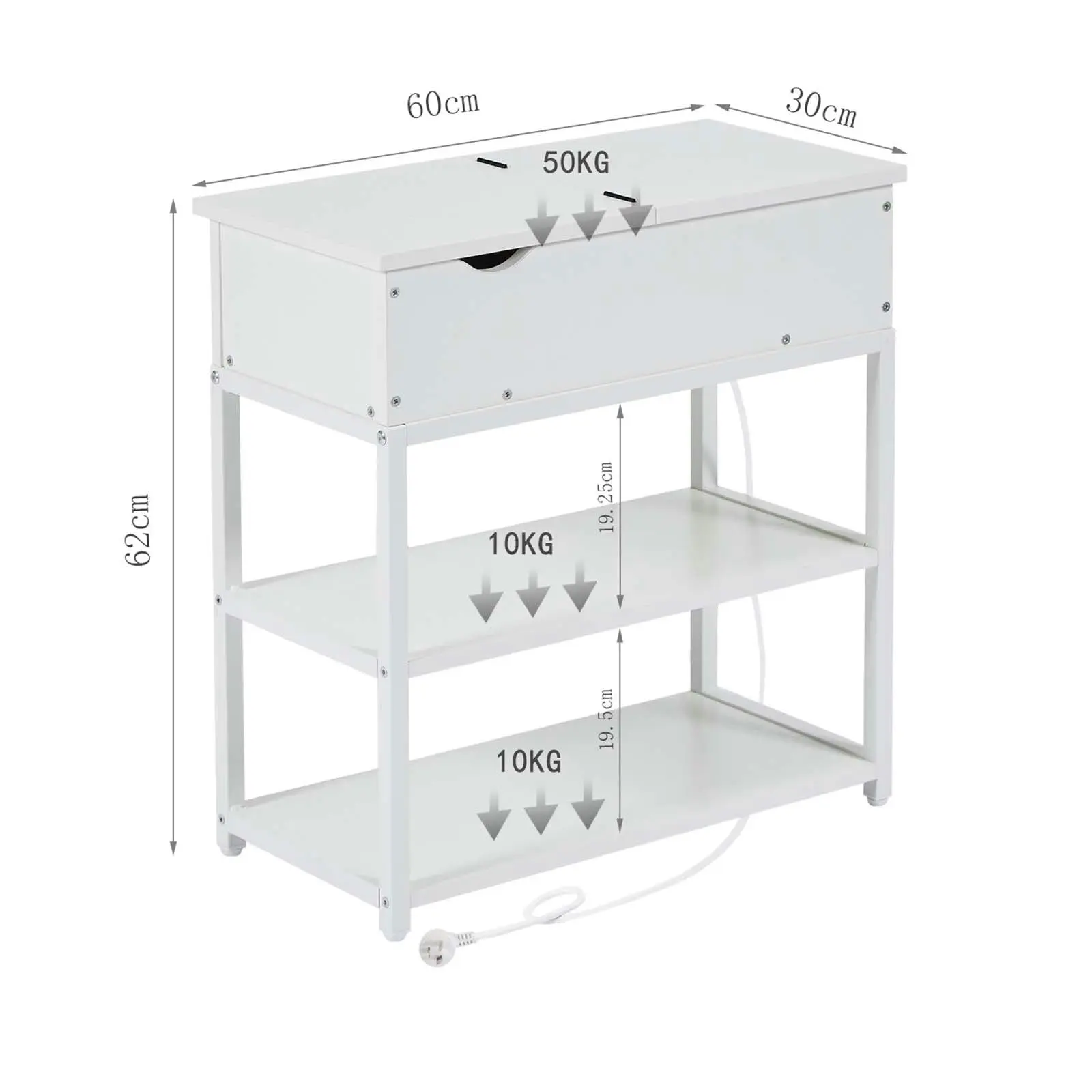 Casadiso Side Table with Power Board 3-Tier Bedside Table Narrow Coffee Table with Drawer Organiser Storage Shelf White (Saiph)