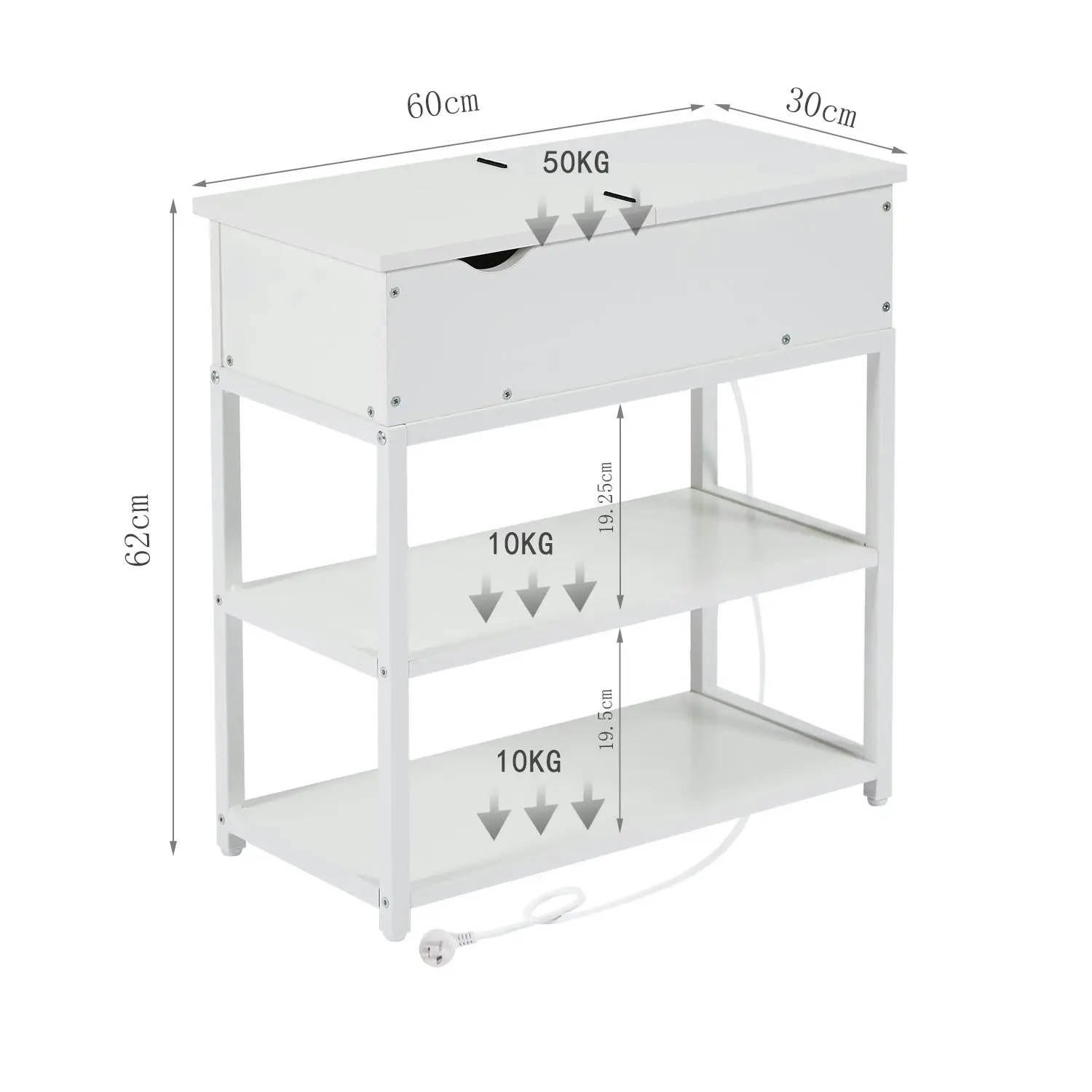 Casadiso Side Table with Power Board 3-Tier Bedside Table Narrow Coffee Table with Drawer Organiser Storage Shelf White (Saiph)