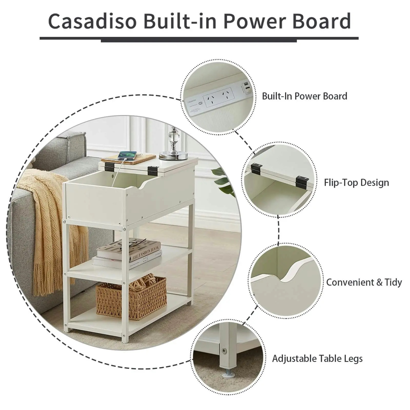 Casadiso Side Table with Power Board 3-Tier Bedside Table Narrow Coffee Table with Drawer Organiser Storage Shelf White (Saiph)