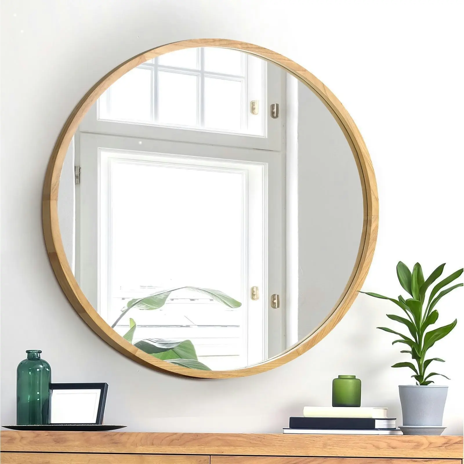 Oikiture Wall Mirrors Round 70cm Makeup Mirror Vanity Home Decor Wooden