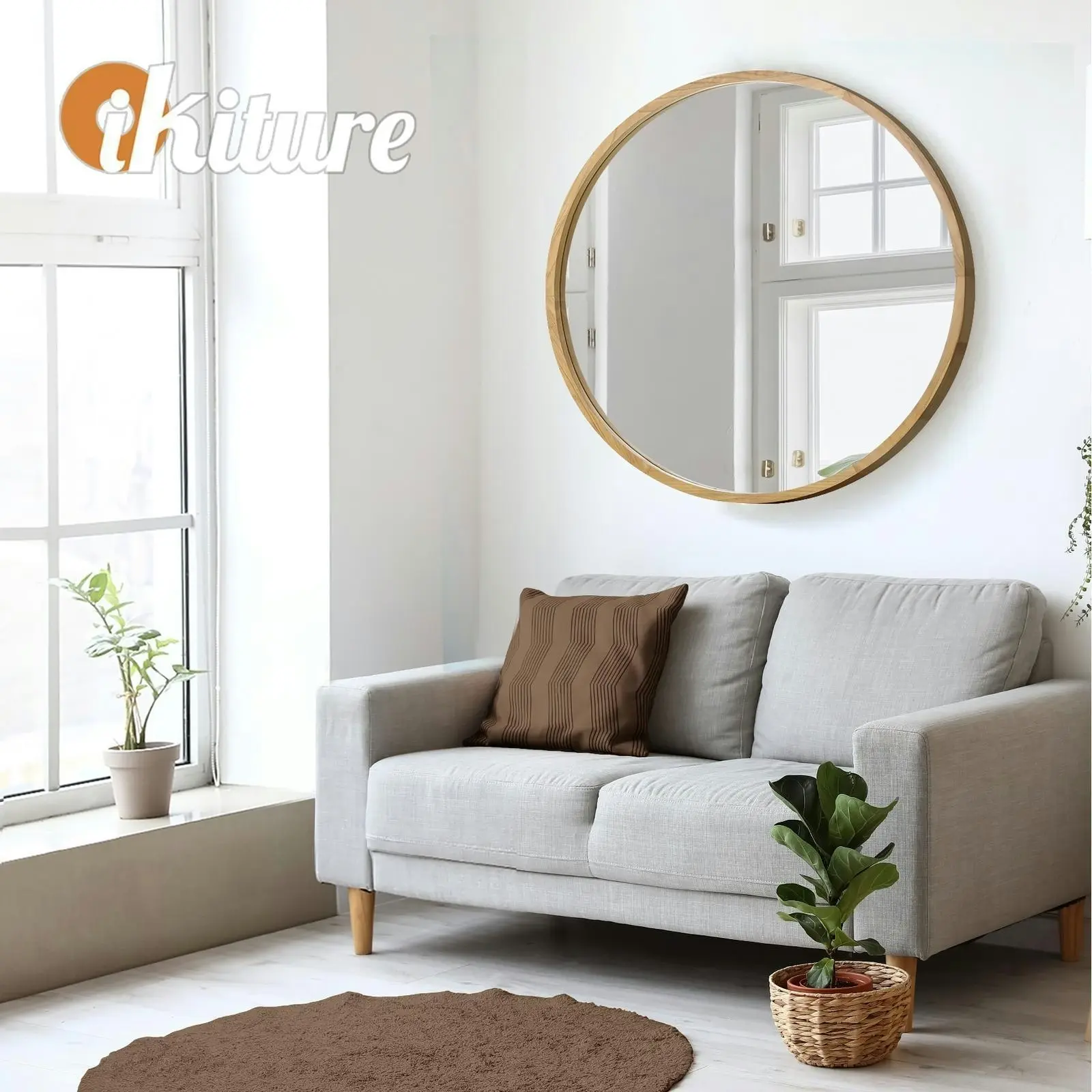 Oikiture Wall Mirrors Round 70cm Makeup Mirror Vanity Home Decor Wooden