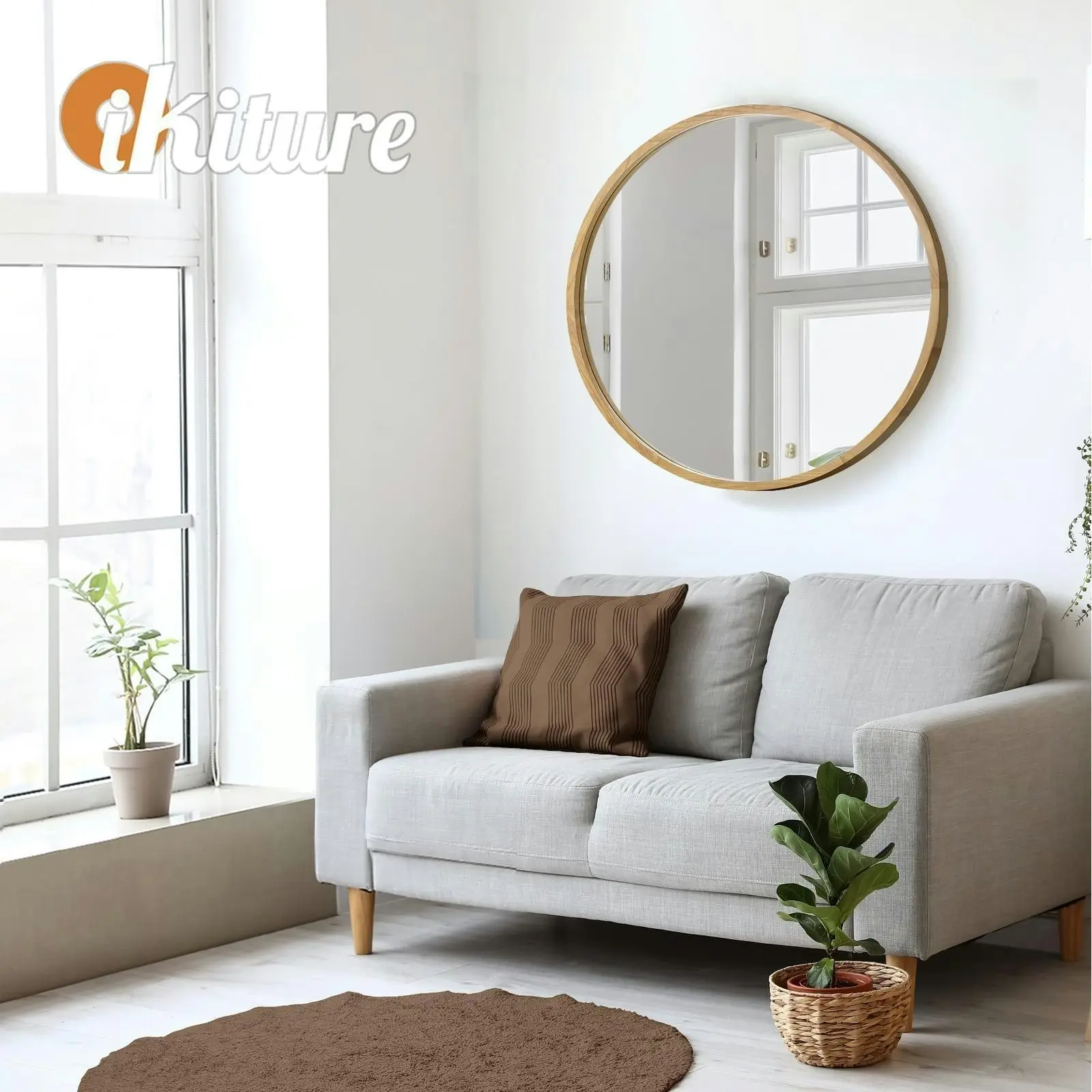 Oikiture 60cm Wall Mirrors Round Makeup Mirror Home Decor Wooden Dining Room