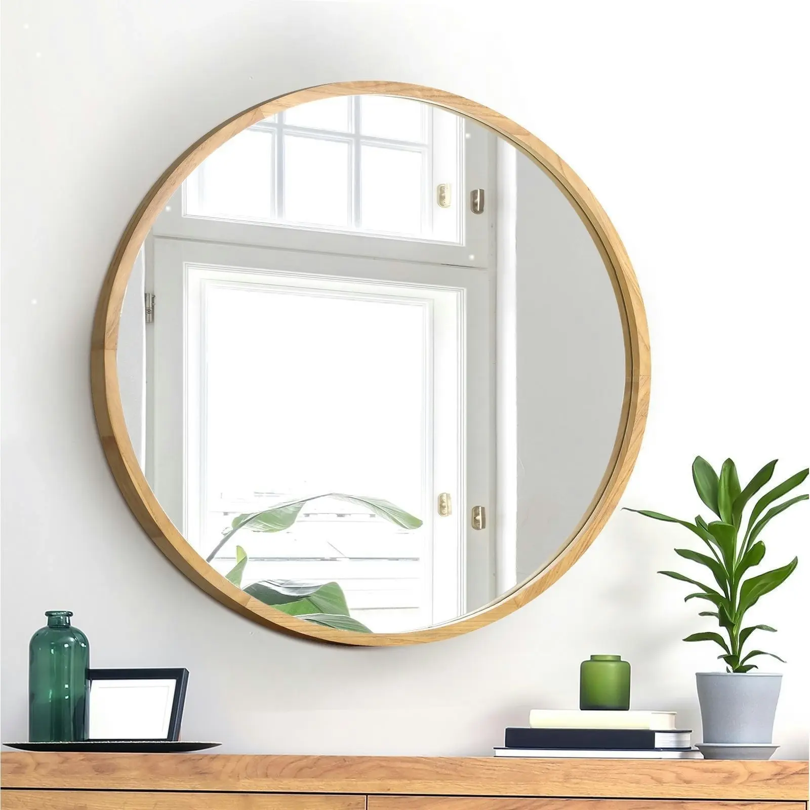 Oikiture 60cm Wall Mirrors Round Makeup Mirror Home Decor Wooden Dining Room