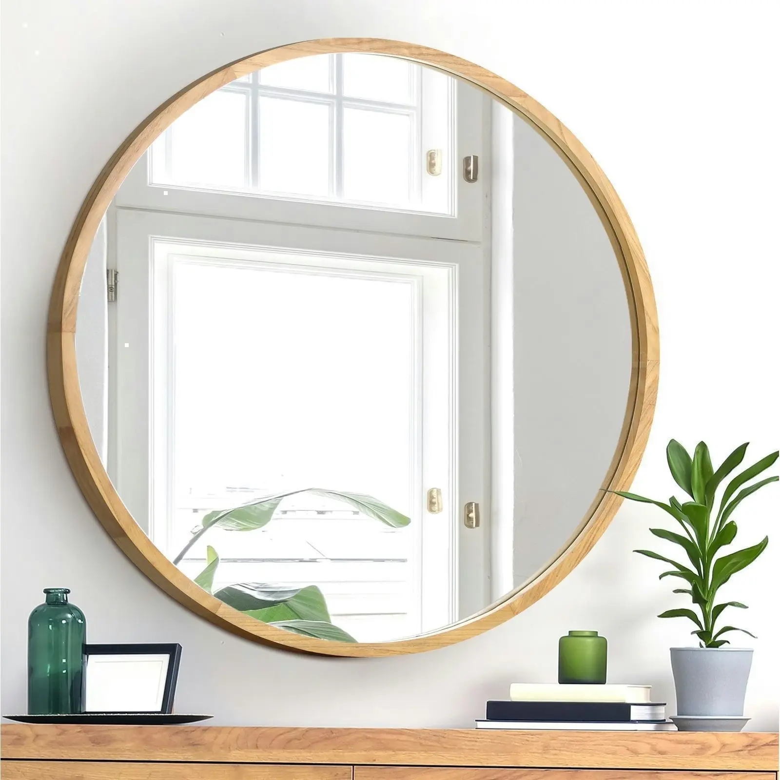 Oikiture Wall Mirrors Round Large Makeup Mirror Vanity Home Decor 90cm Wooden