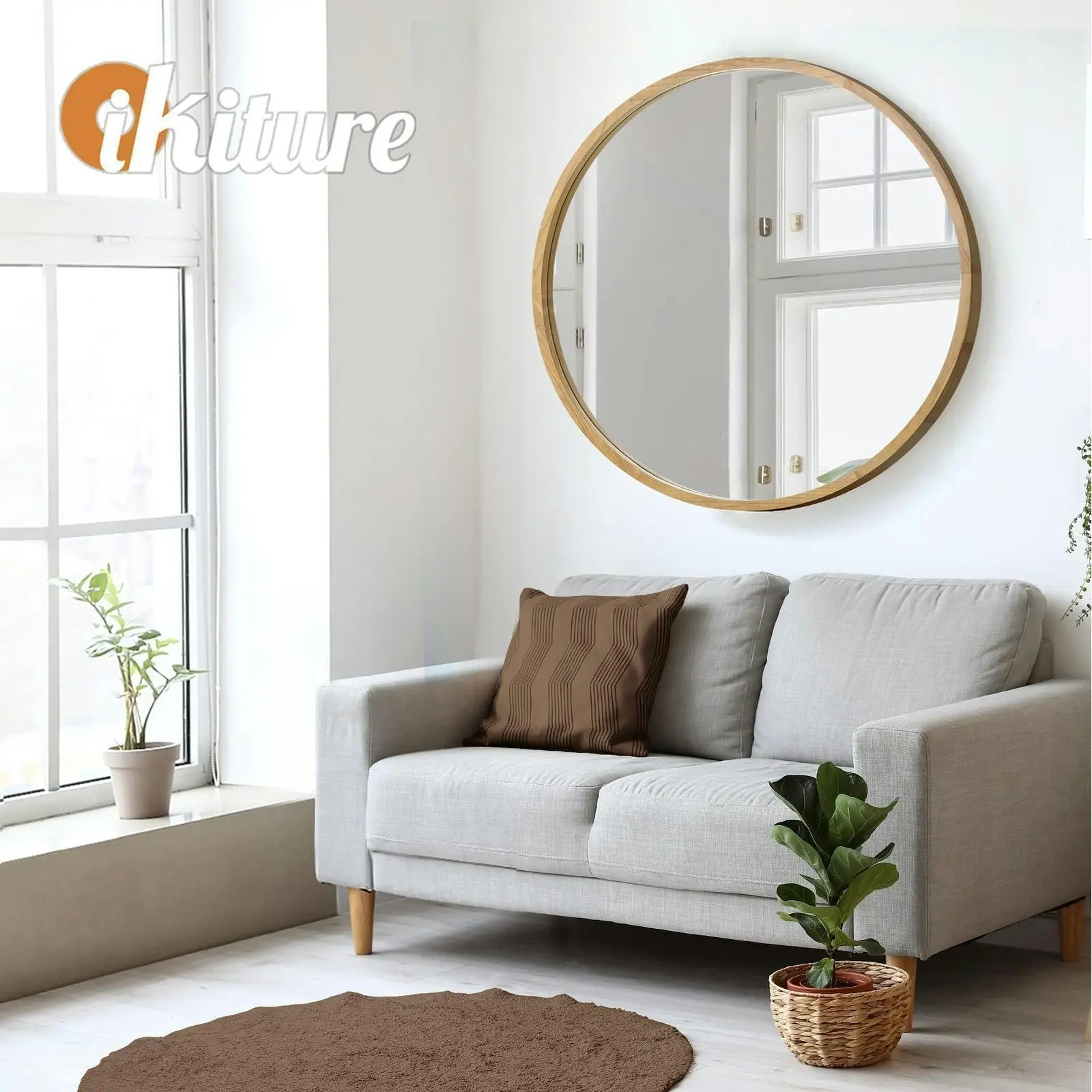 Oikiture Wall Mirrors Round Large Makeup Mirror Vanity Home Decor 90cm Wooden