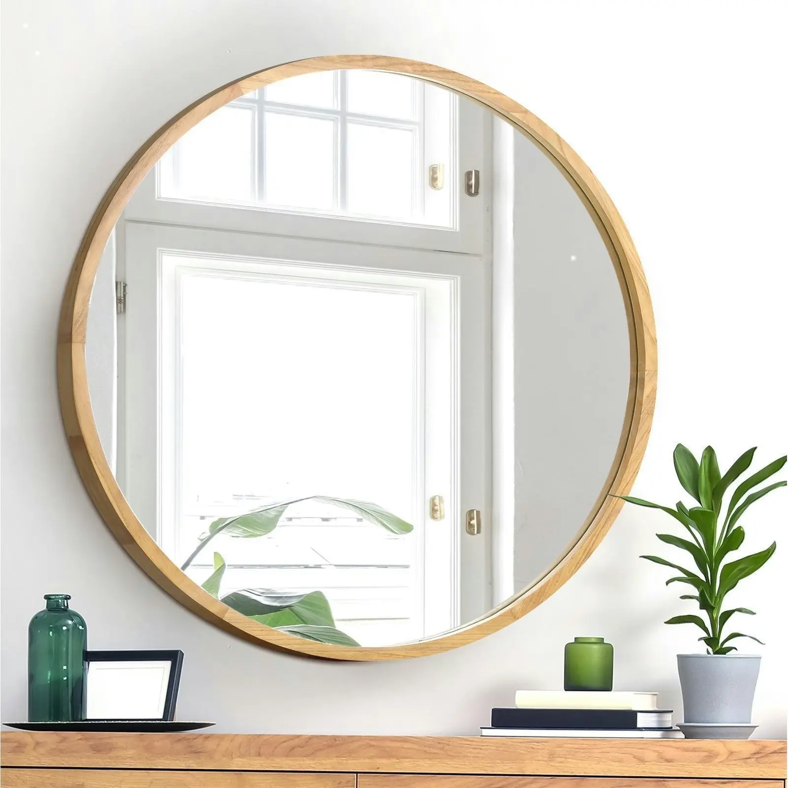 Oikiture Wall Mirrors Round Makeup Mirror Vanity Home Decorative Wooden 80cm