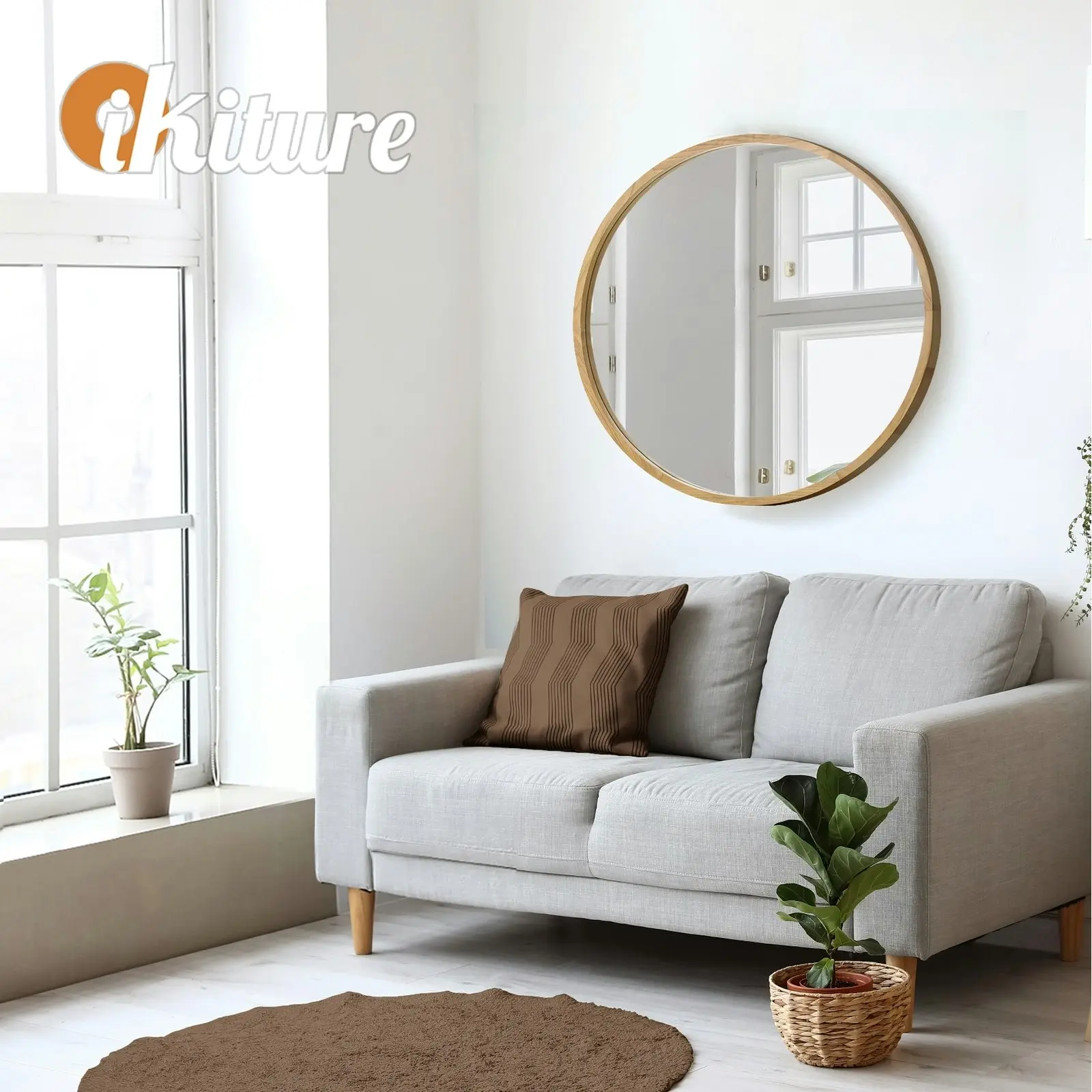 Oikiture Wall Mirrors Round Makeup Mirror Vanity Home Decor 50cm Wooden