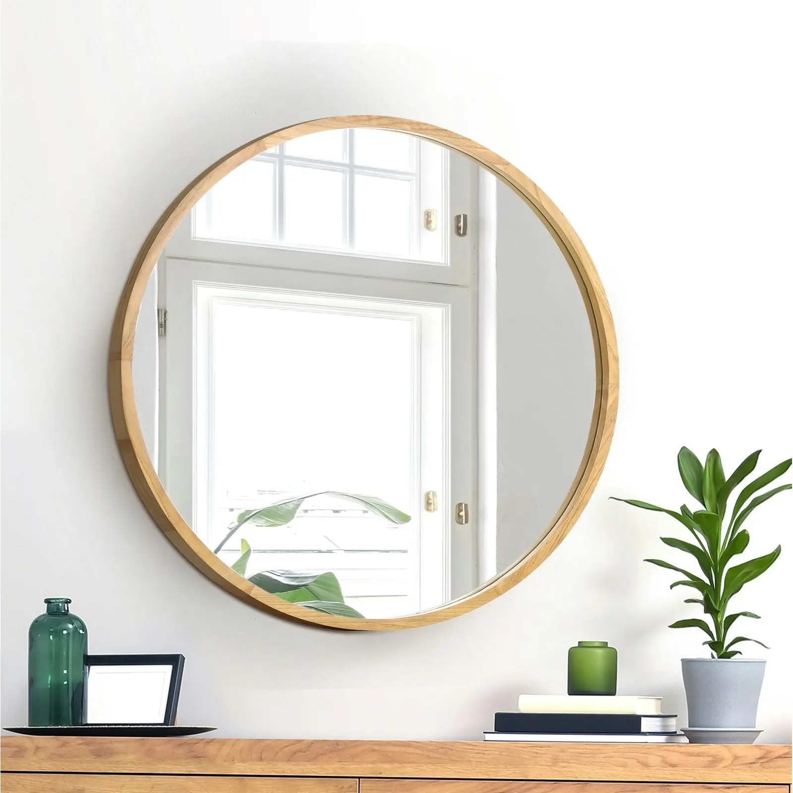 Oikiture Wall Mirrors Round Makeup Mirror Vanity Home Decor 50cm Wooden