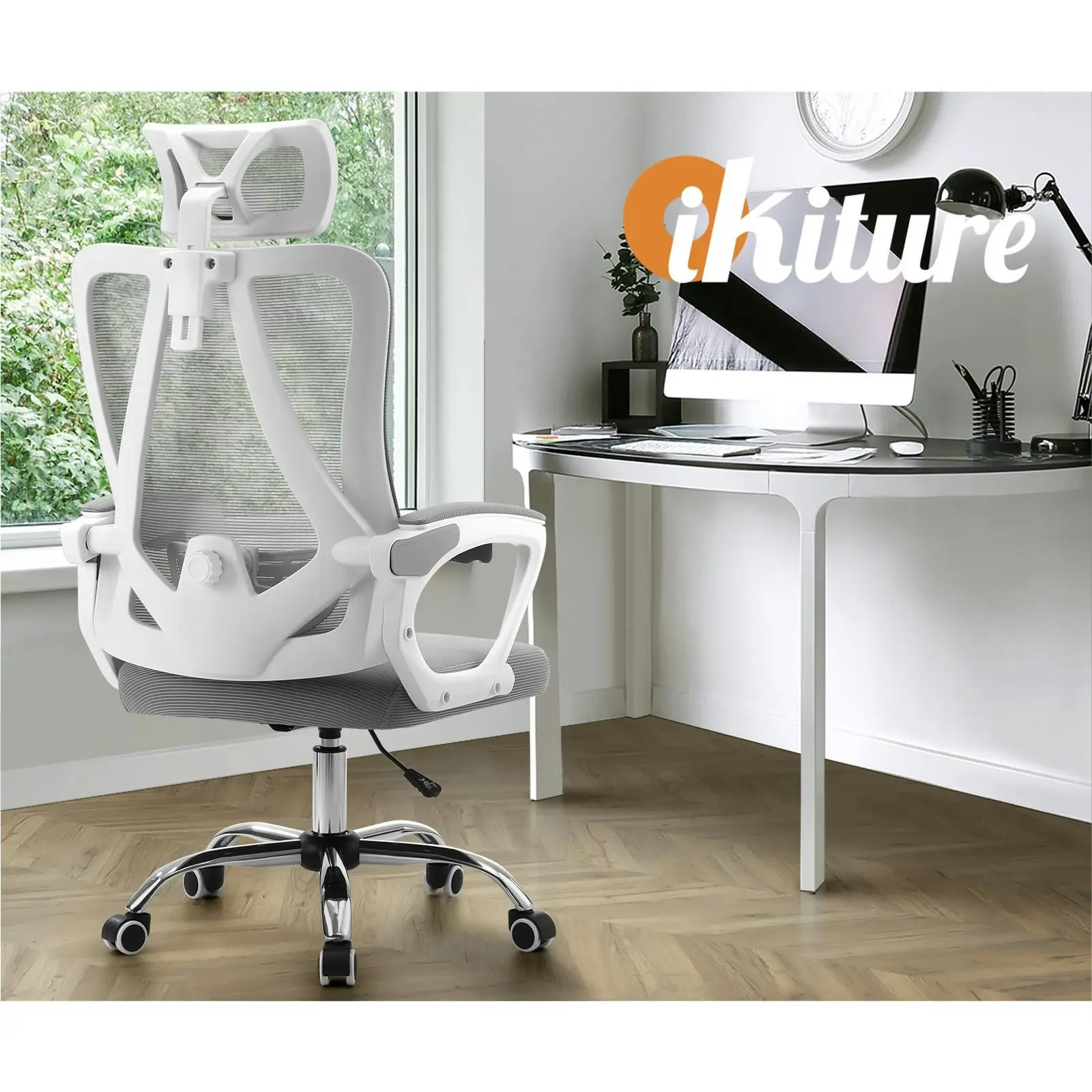 Oikiture Mesh Office Chair Adjustable Lumbar Support Reclining Computer White-Premium Edition