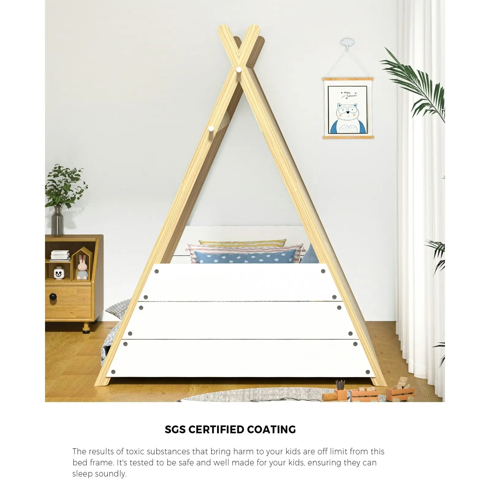 Oikiture Kids Bed Frame Wooden Timber Single Teepee Bed Frame Platform Base