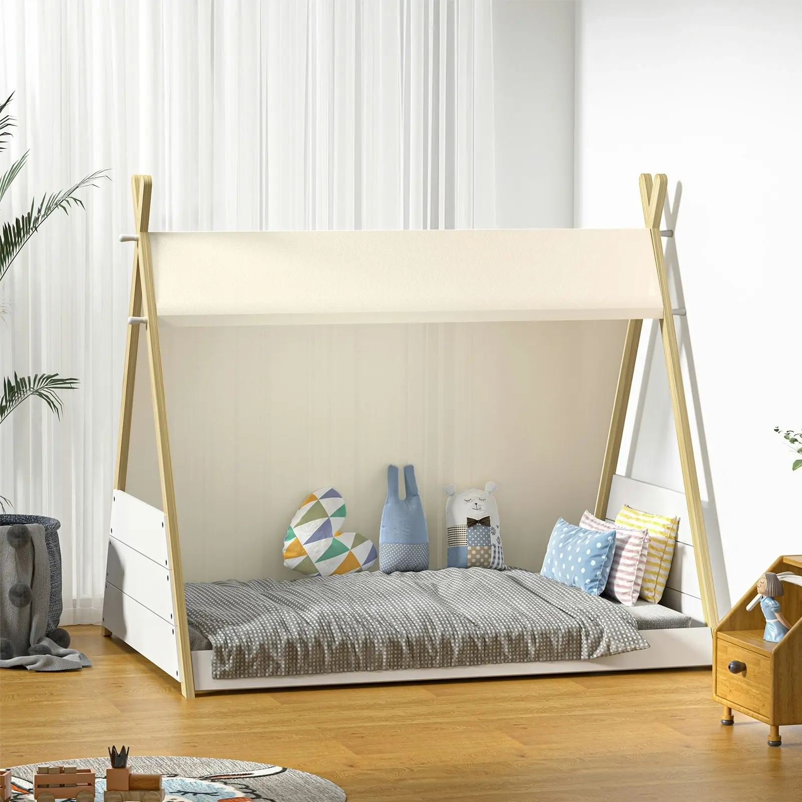 Oikiture Kids Bed Frame Wooden Timber Single Teepee Bed Frame Platform Base