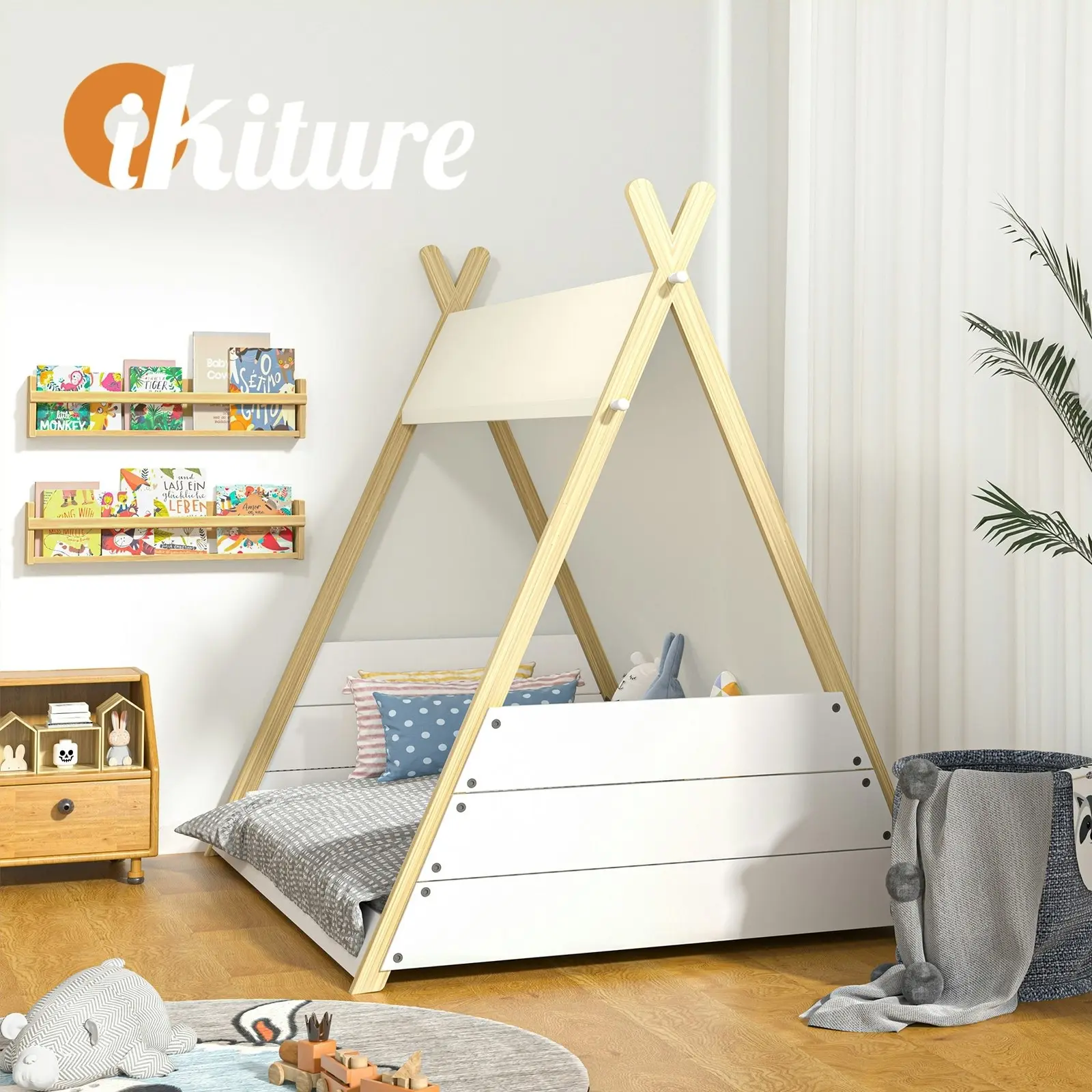 Oikiture Kids Bed Frame Wooden Timber Single Teepee Bed Frame Platform Base