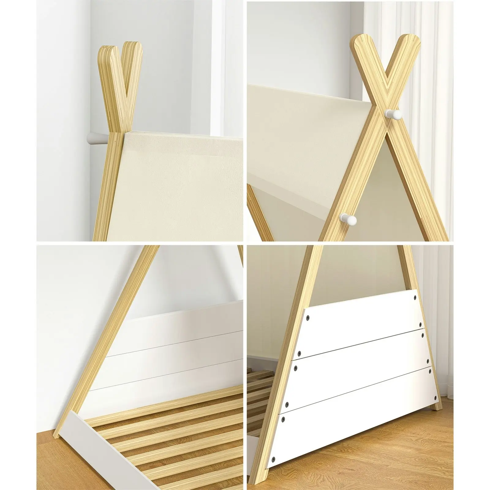 Oikiture Kids Bed Frame Wooden Timber Single Teepee Bed Frame Platform Base