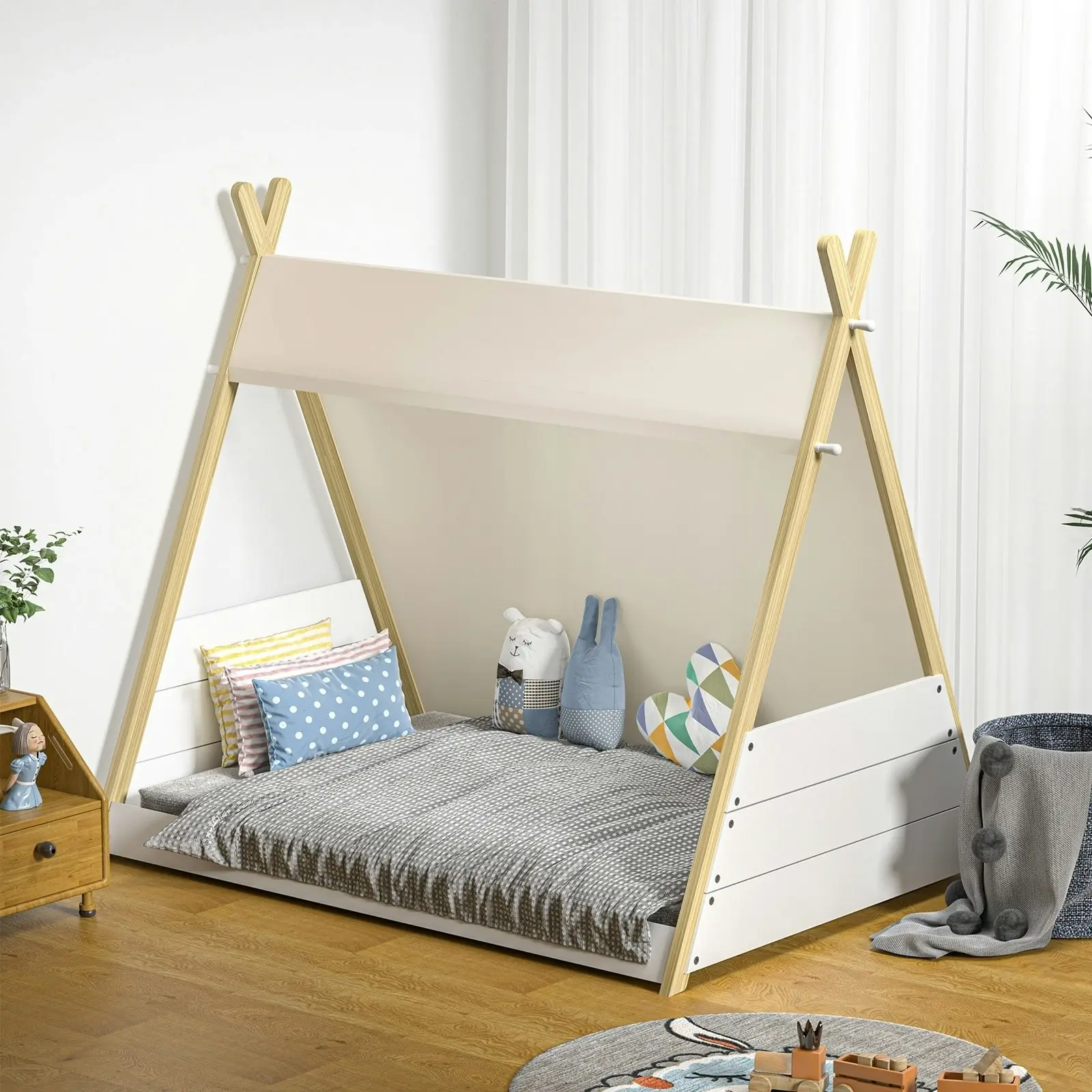 Oikiture Kids Bed Frame Wooden Timber Single Teepee Bed Frame Platform Base